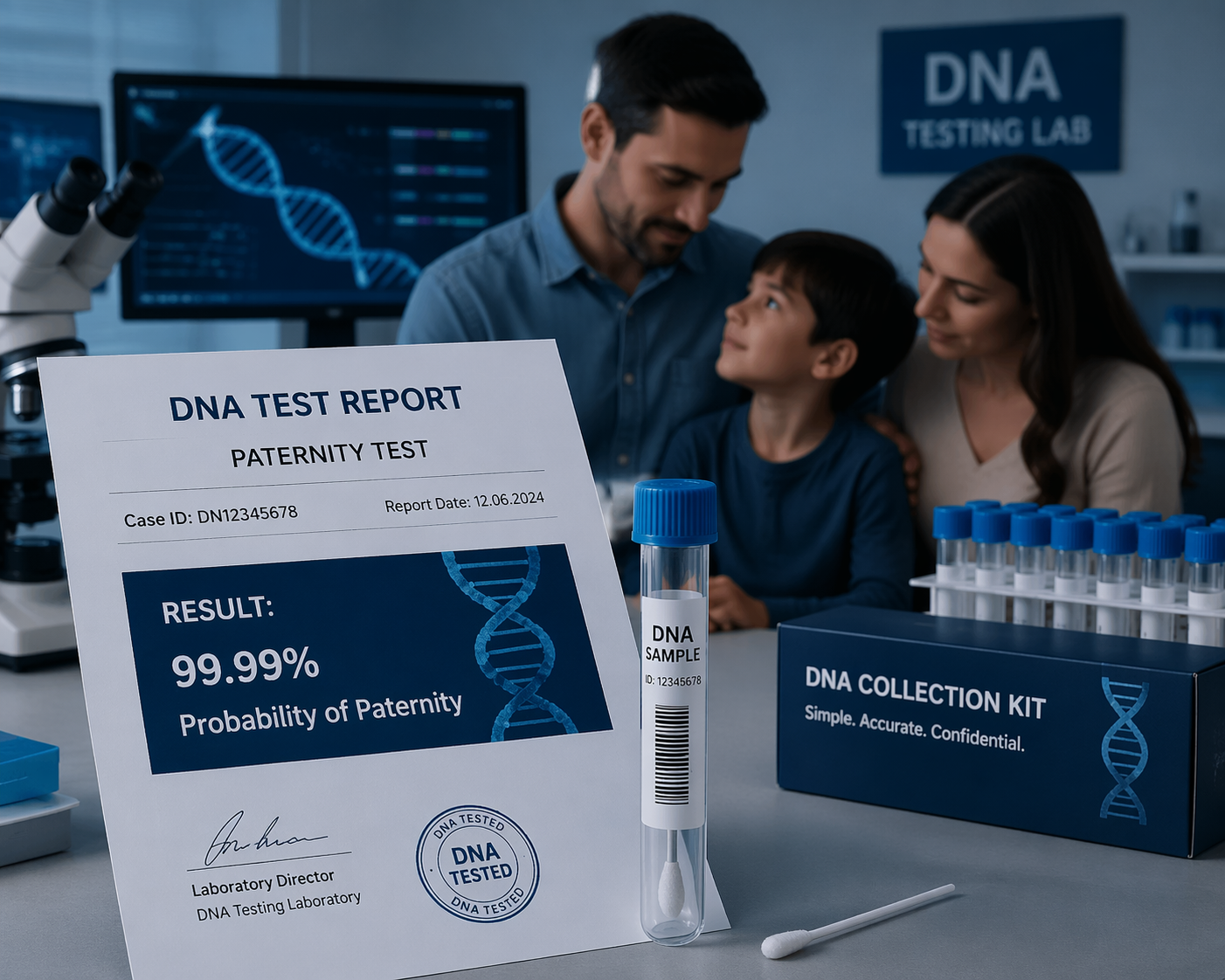 A DNA test report indicating a paternity test with a 99.99% probability of paternity, displayed on a laboratory table. In the background, a family of three, including a man, woman, and young boy, are in a DNA testing lab with scientific equipment, test tubes, and DNA collection kits.