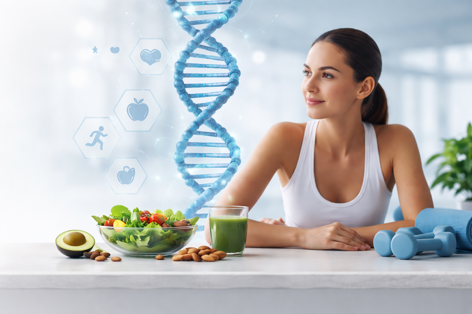 A woman sitting at a counter with a healthy salad, avocado, almonds, and a green smoothie, with a digital illustration of a DNA strand and health icons overlayed.