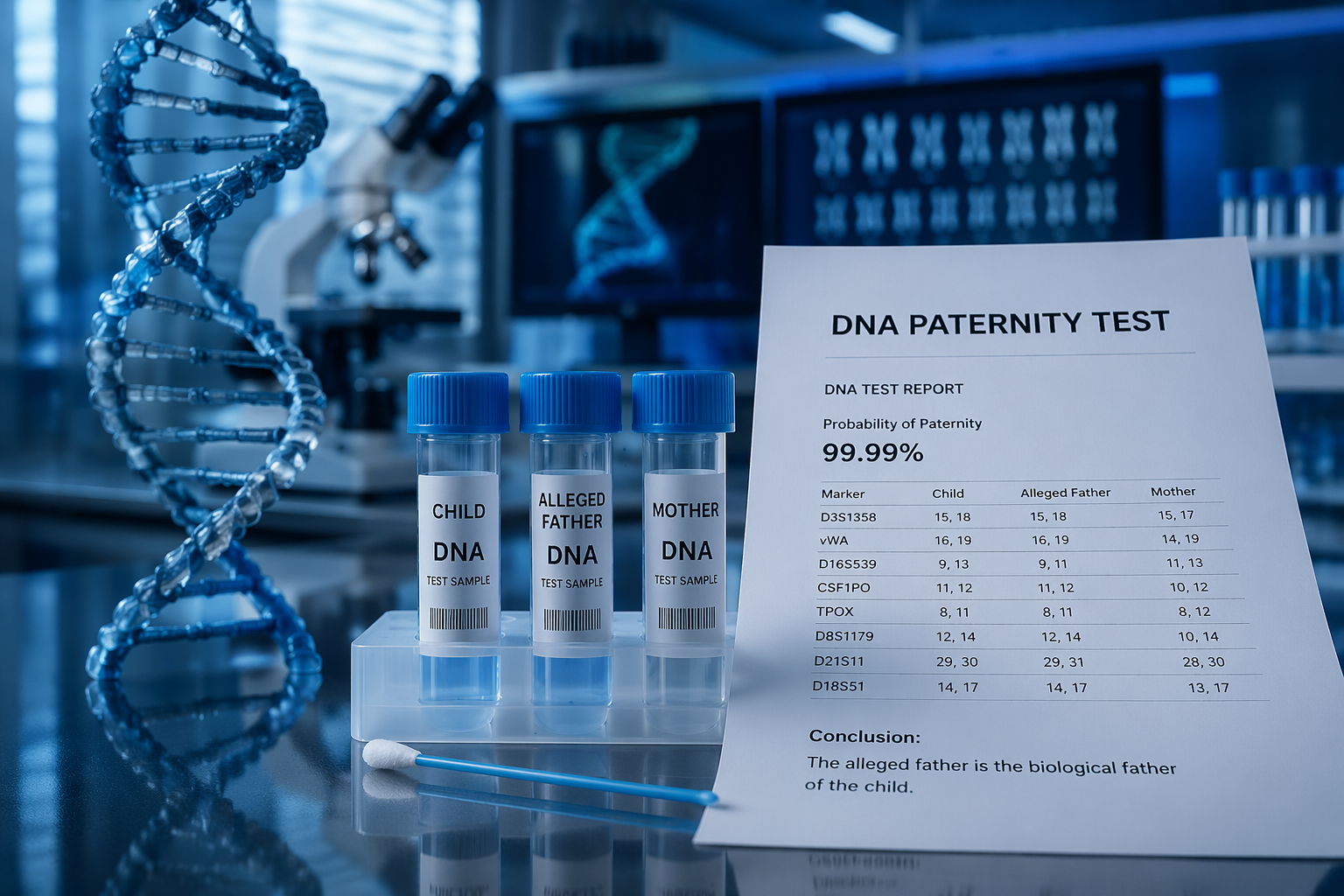 A DNA paternity test setup with test tubes labeled Child, Alleged Father, and Mother, a DNA double helix model, and a DNA test report showing a 99.99% probability of paternity, in a laboratory setting.
