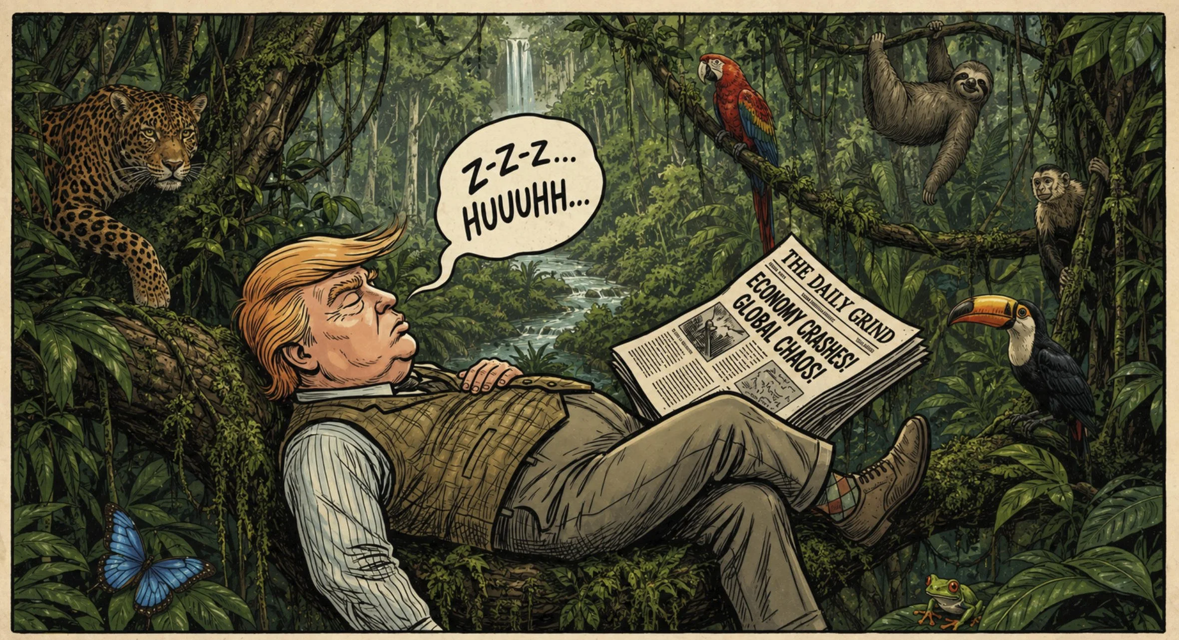A cartoon depiction of Donald Trump sleeping in a jungle with various animals around, including a jaguar, parrot, sloth, capybara, butterfly, and frog. Trump is holding a newspaper titled 'The Daily Grind', with a headline about global chaos.