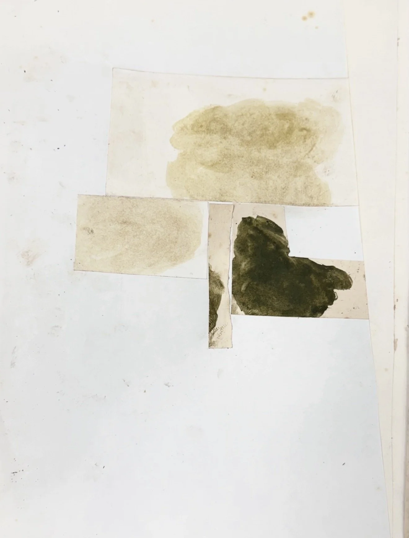 Collage of various inkblot and watercolor-style abstract images on torn paper, arranged on a white background.