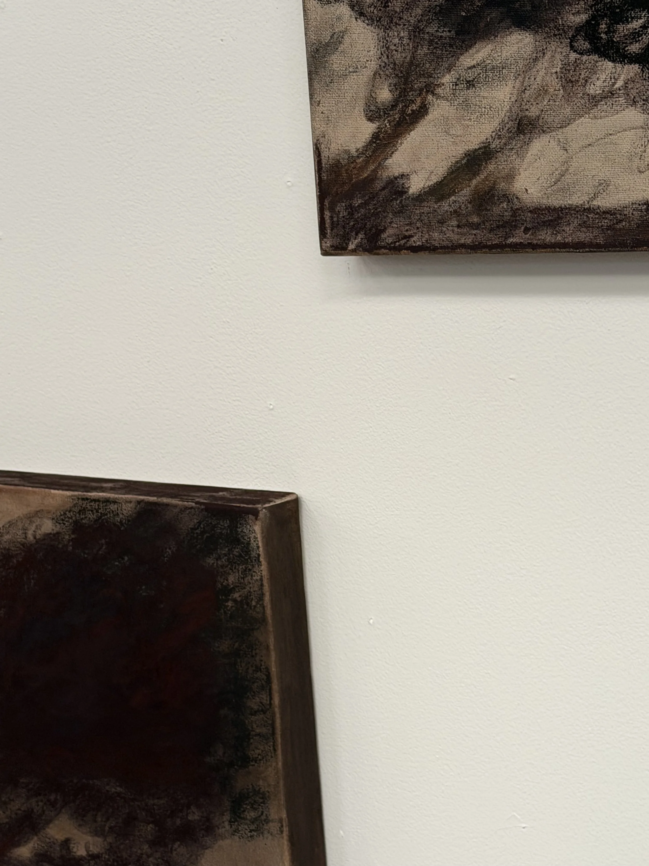 Part of a wall-mounted artwork with dark tones and wooden frame, divided from a plain white wall.
