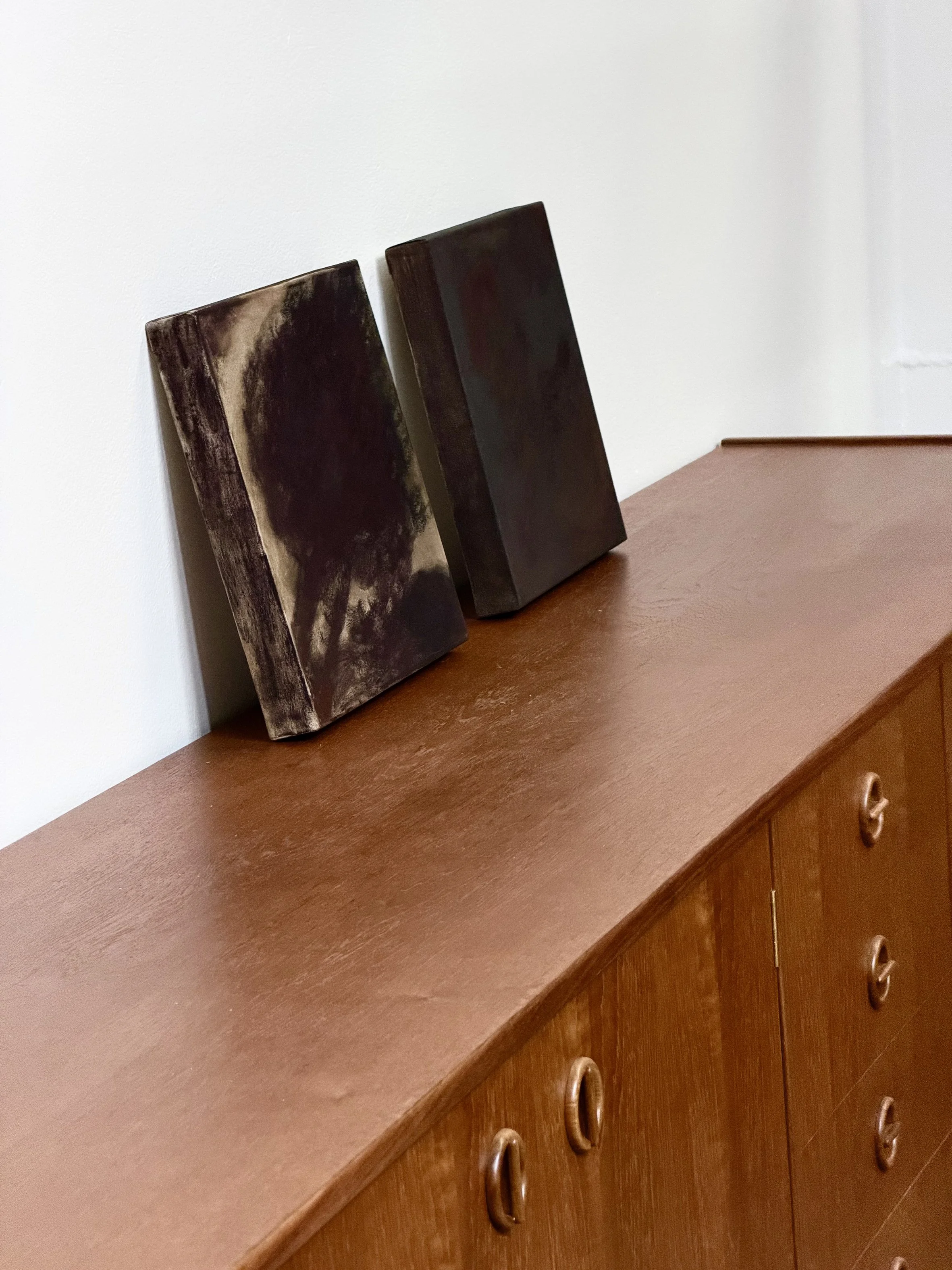 Two books leaning on a wooden surface against a plain white wall.