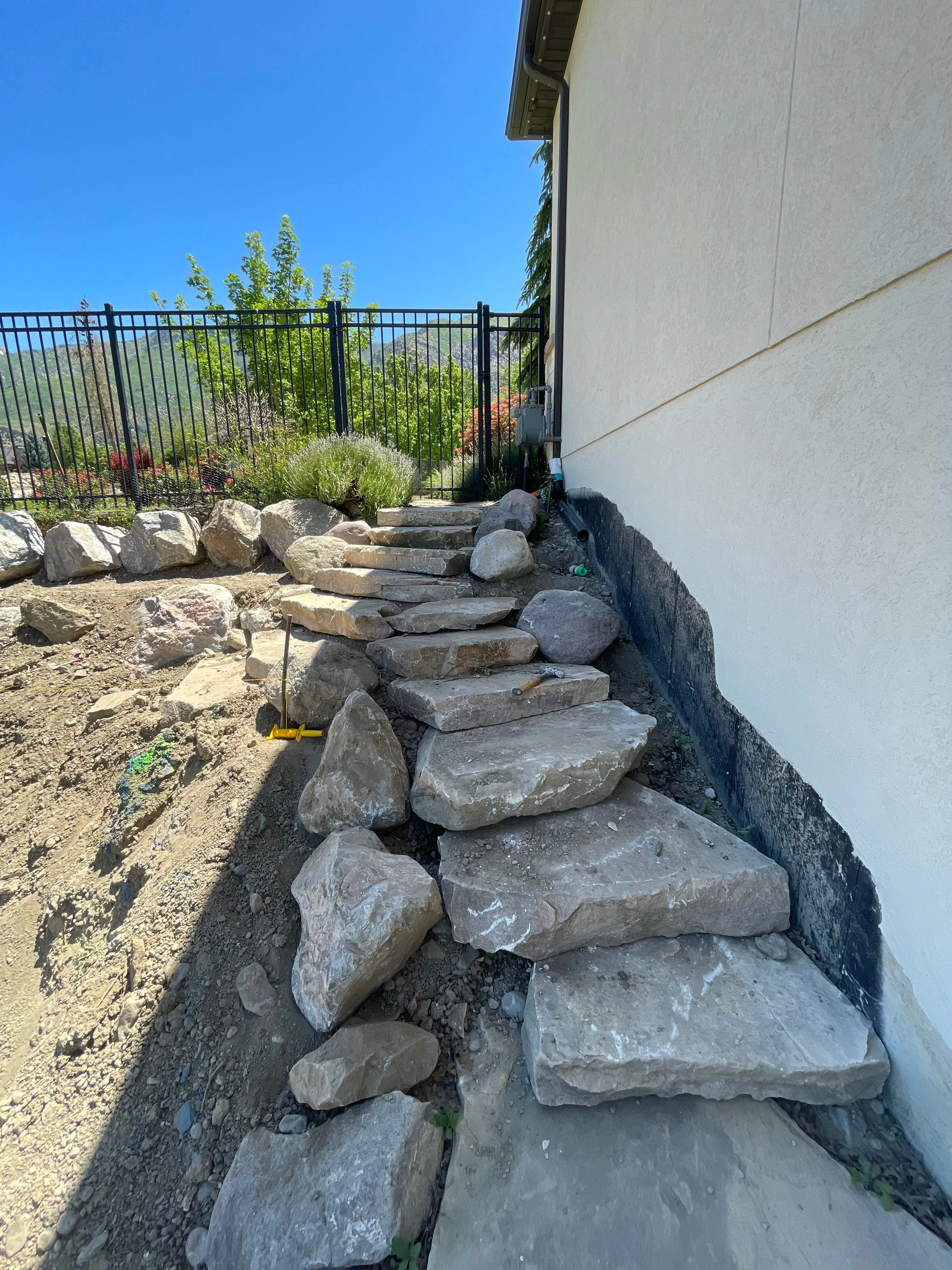 rock staircase with retaining wall