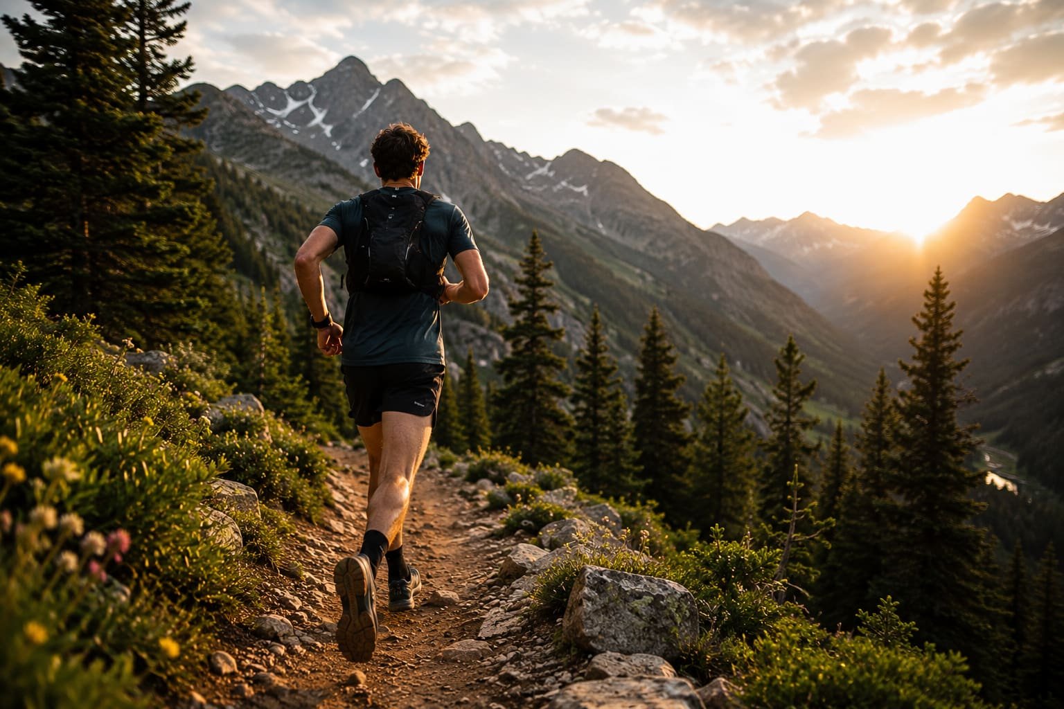 An endurance trail runner jogging along a mountain path.