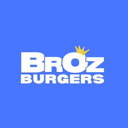 BrOz Burgers logo in royal blue with white lettering and yellow crown, smash burger restaurant in Sydney.Logo for Broz Burgers with white text on a blue background and a small yellow crown above the 'Z' in 'Broz'.