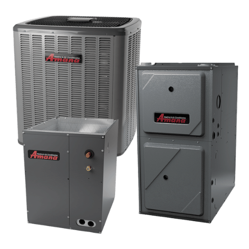 Three HVAC units with Amanda branding, including an air conditioner, a furnace, and a evaporator coil, displayed side by side.