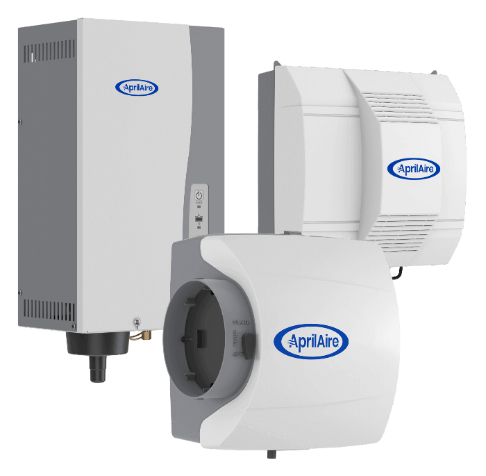 An air treatment system by AprilAire with three different types of humidifiers featuring the blue AprilAire logo against a black background.