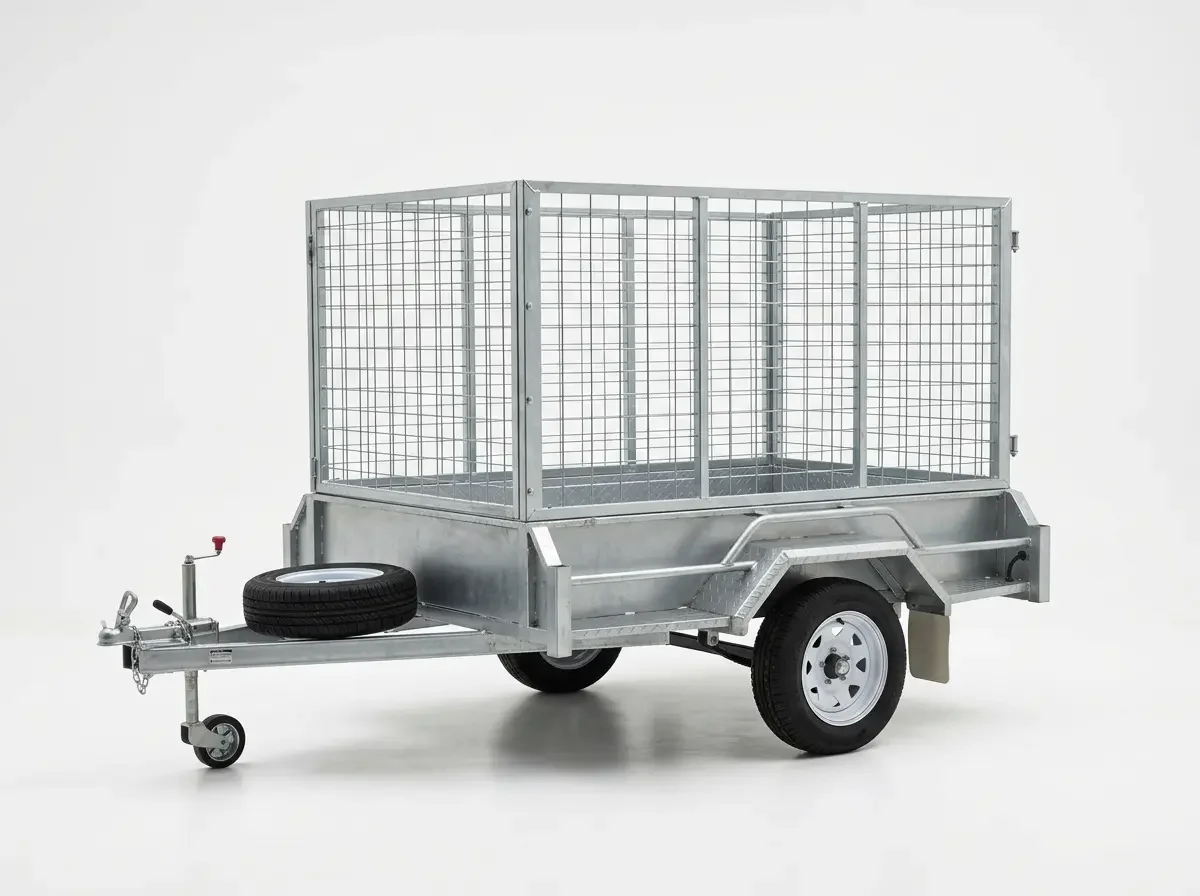 A silver utility trailer with a metal grid enclosure and a spare tire mounted on the front, set against a plain white background.
