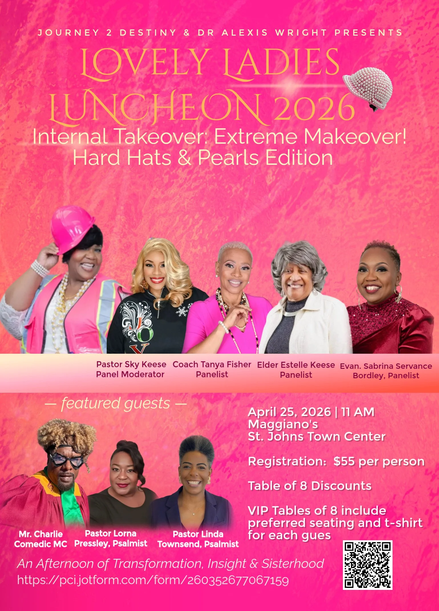 Pink promotional flyer for the event "Lovely Ladies Luncheon 2026" featuring women with different hairstyles and outfits. Includes details about the event date, time, location, speakers, featured guests, registration fee, and QR code.