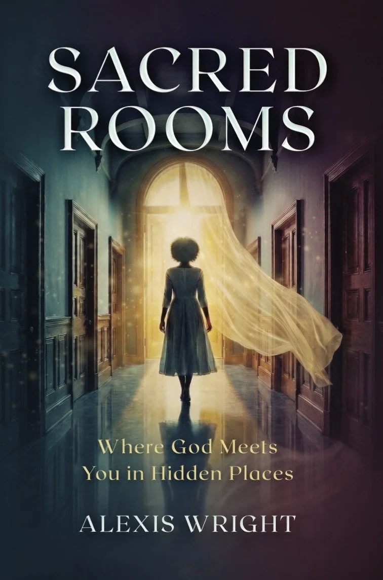 Book cover titled "Sacred Rooms" by Alexis Wright, depicting a woman in a vintage dress walking through a corridor with open doors to a bright, glowing room with sunlight streaming in.