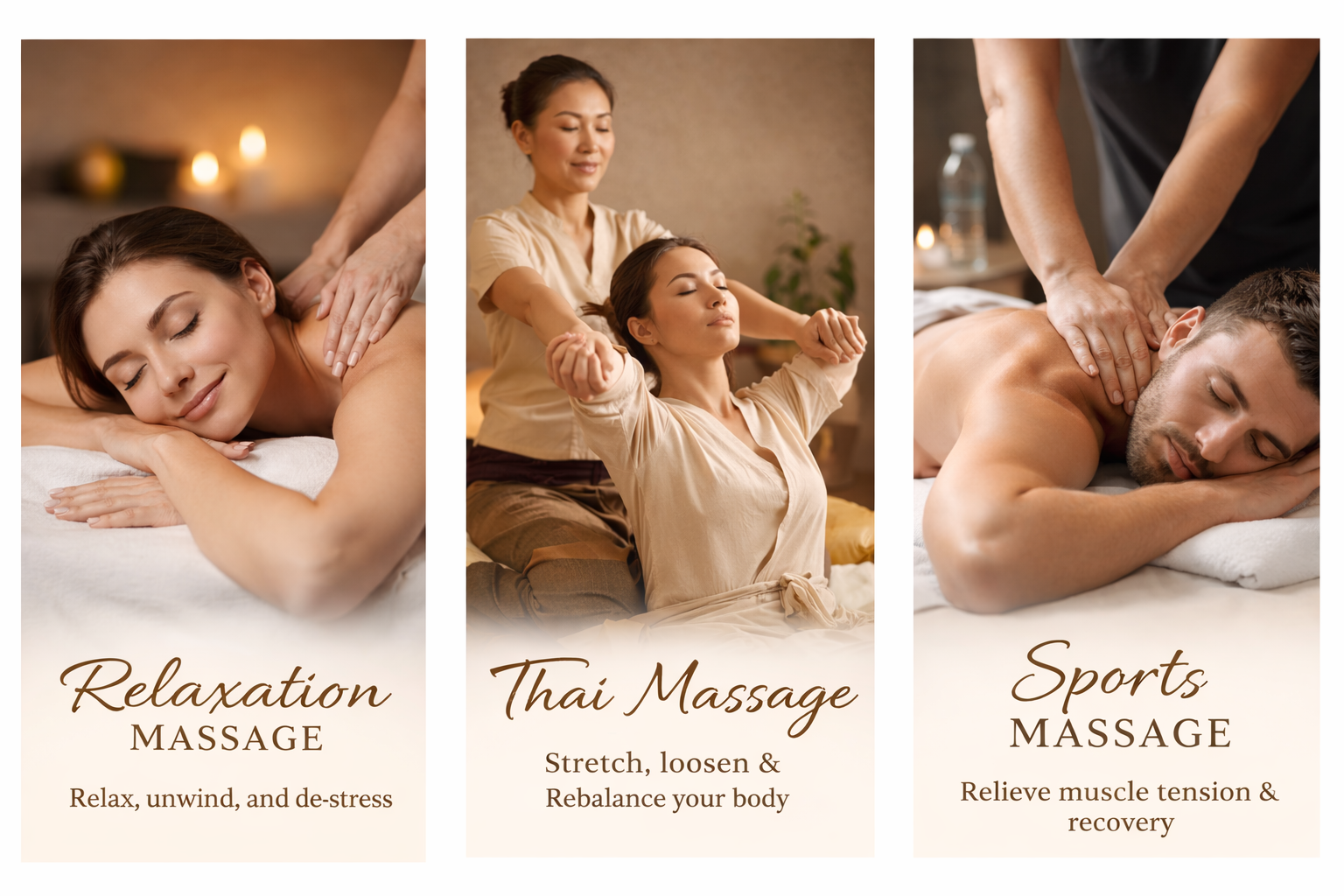 Three panels showing people receiving massages. The first panel shows a woman getting a relaxation massage with closed eyes, the second panel shows a woman doing a Thai massage stretch, and the third panel shows a man receiving a sports massage. All are in a calm, spa-like setti.