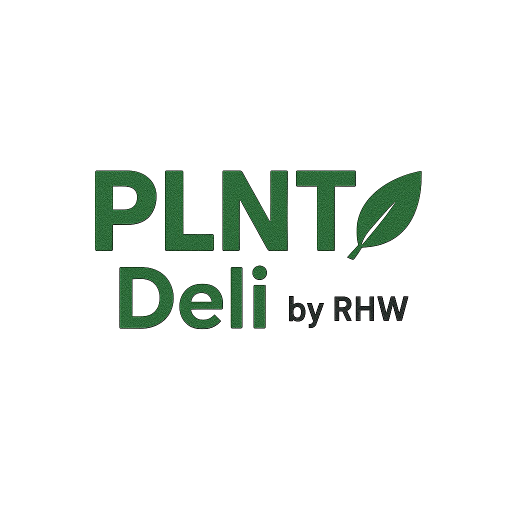 Logo with the words "PLNT Deli" in large green letters, with a green leaf attached to the letter "T," and the phrase "by RHW" in smaller purple letters.