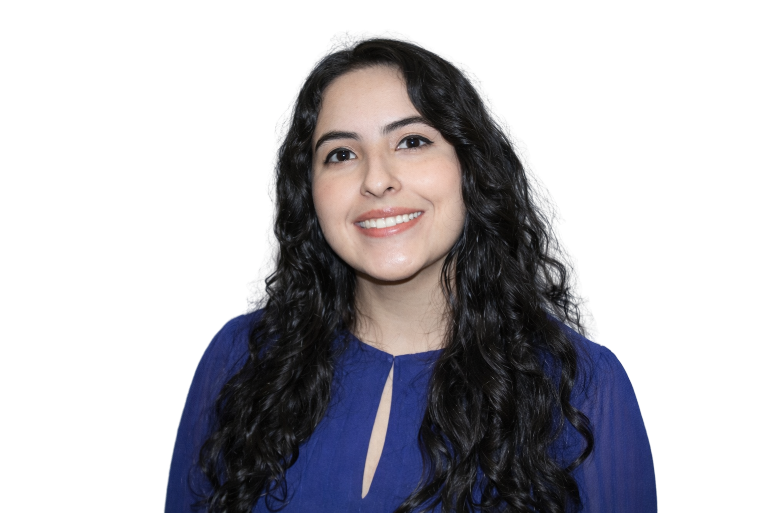 A woman with long curly black hair smiling, wearing a blue top, against a background with red, black, green, and blue horizontal stripes.