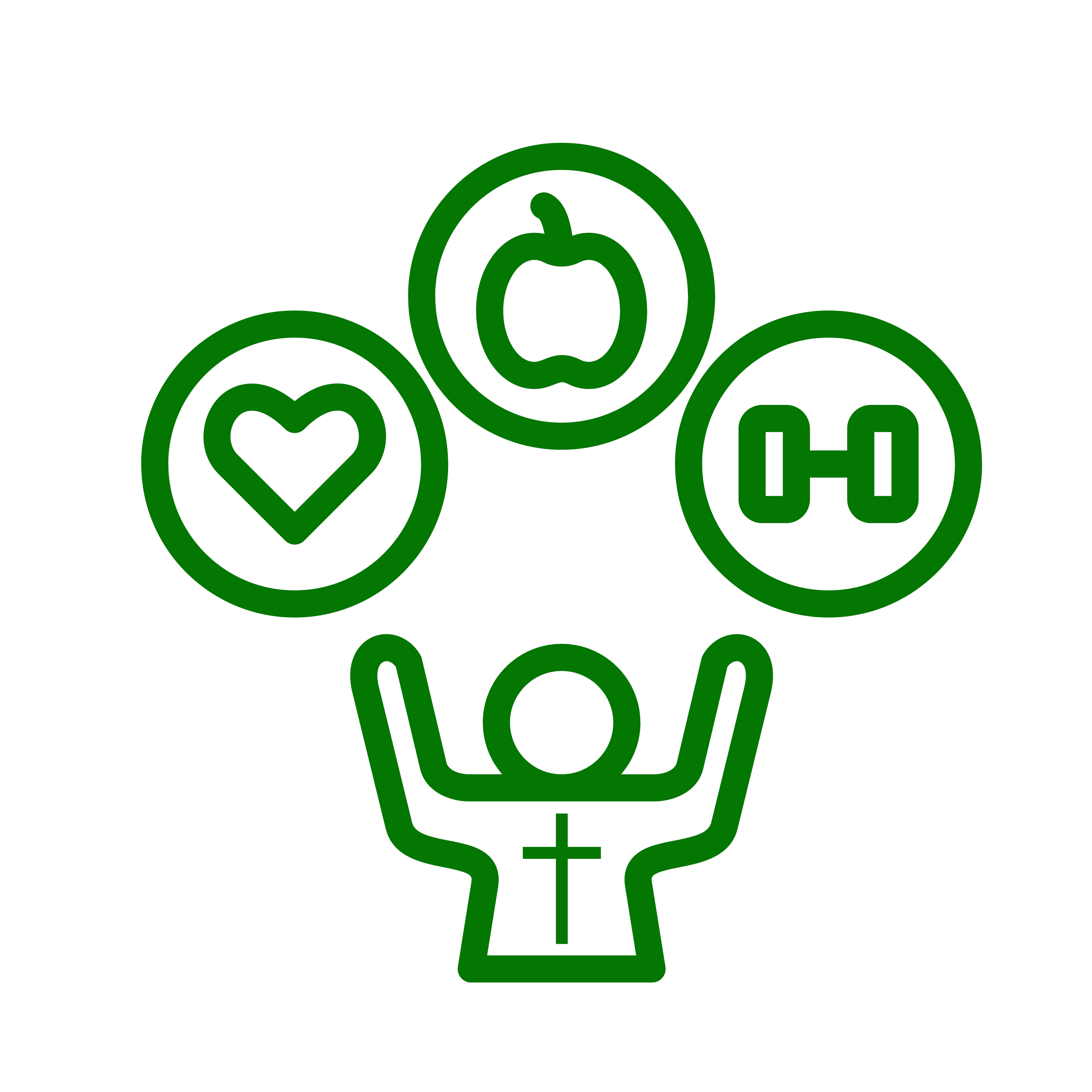 Green icons of a heart, a pepper, and a medical cross on a white background.