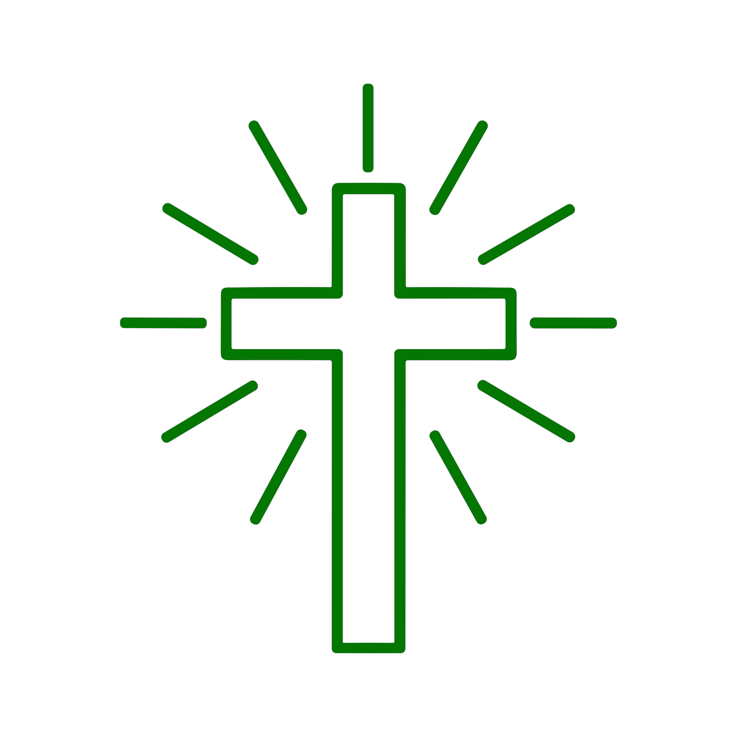 A simple green line drawing of a light bulb with rays emanating from it, symbolizing an idea or creativity.