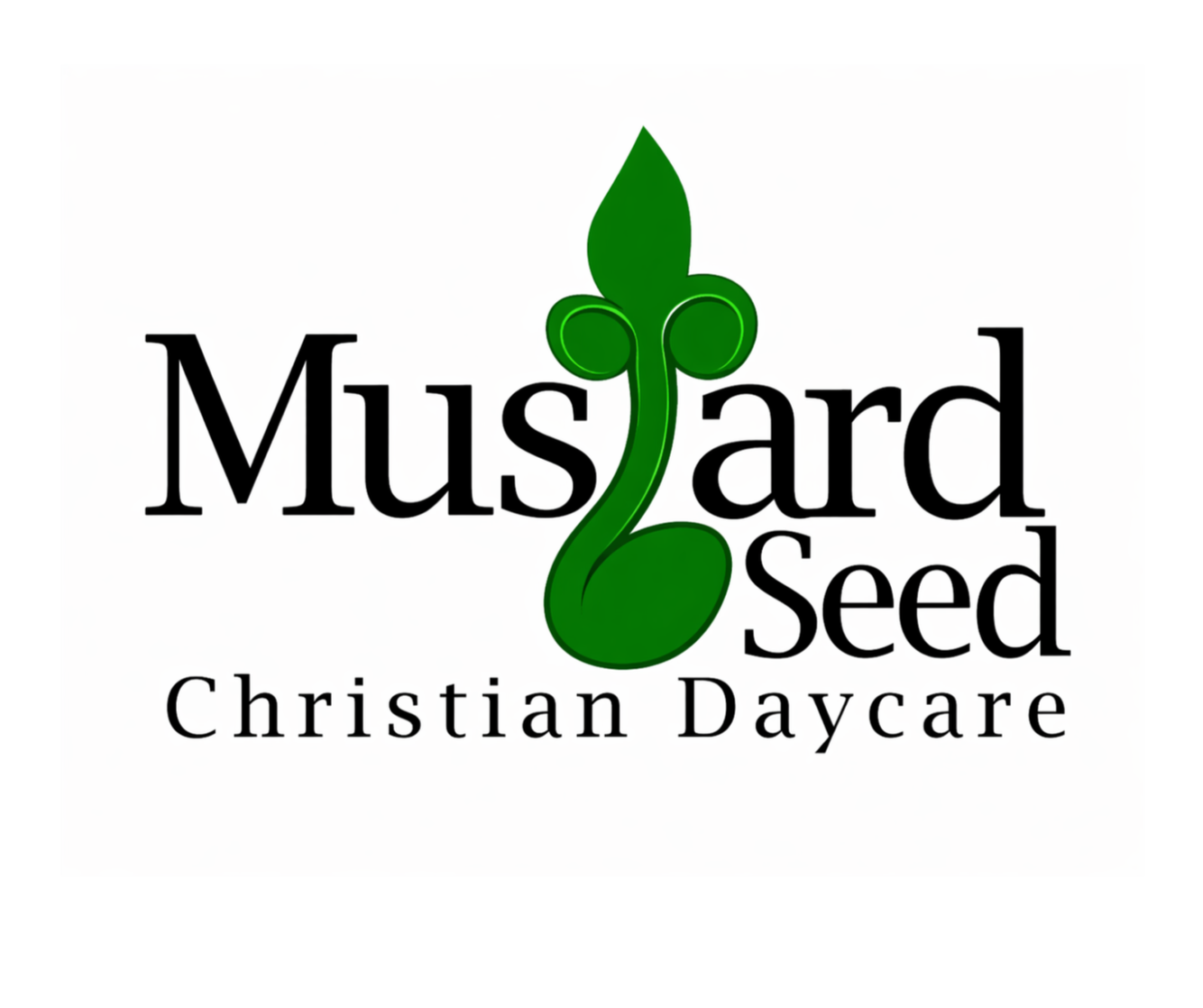 Logo for Mustard Seed Christian Daycare featuring a green seedling shaped like a mustard seed, with the text 'Mustard Seed' above 'Christian Daycare' below.