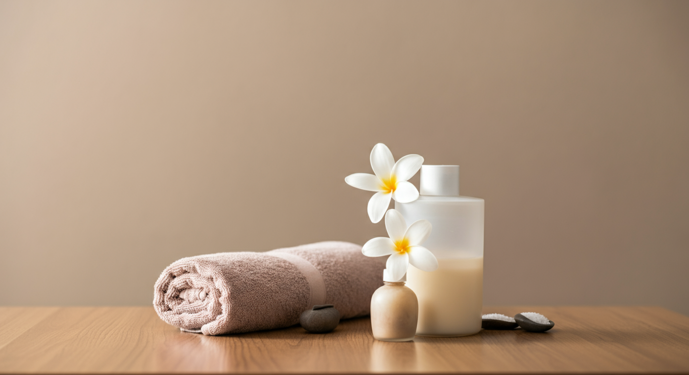 Spa or wellness setup with a rolled pink towel, white flower arrangements, a bottle of lotion, and small stones on a wooden surface.