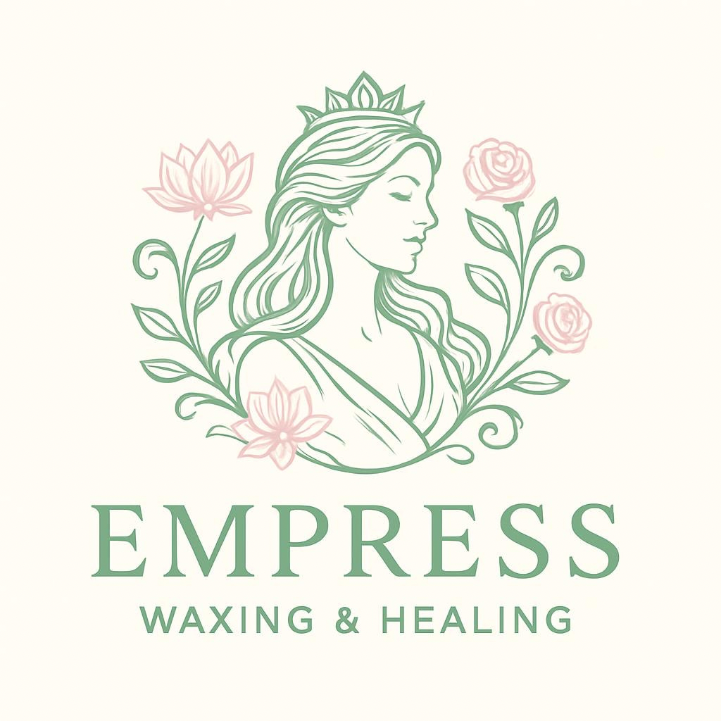 Logo for Empress Waxing & Healing featuring a line drawing of a woman with a crown surrounded by pink flowers and green foliage.