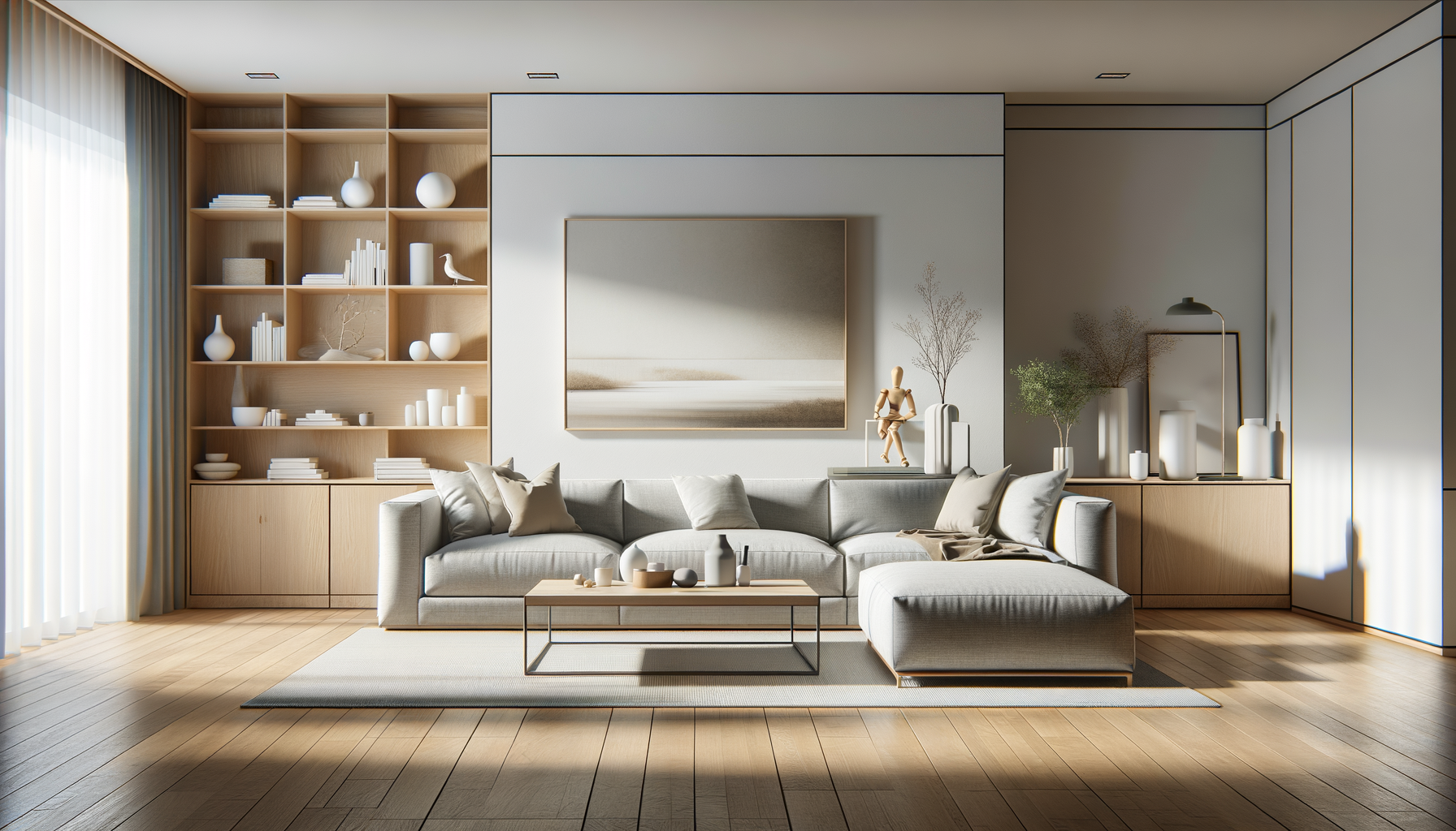 Minimalist living room with a gray sectional sofa, light wood coffee table, bookshelf, and decorative vases and art on the walls, illuminated by natural light from large window with sheer curtains.