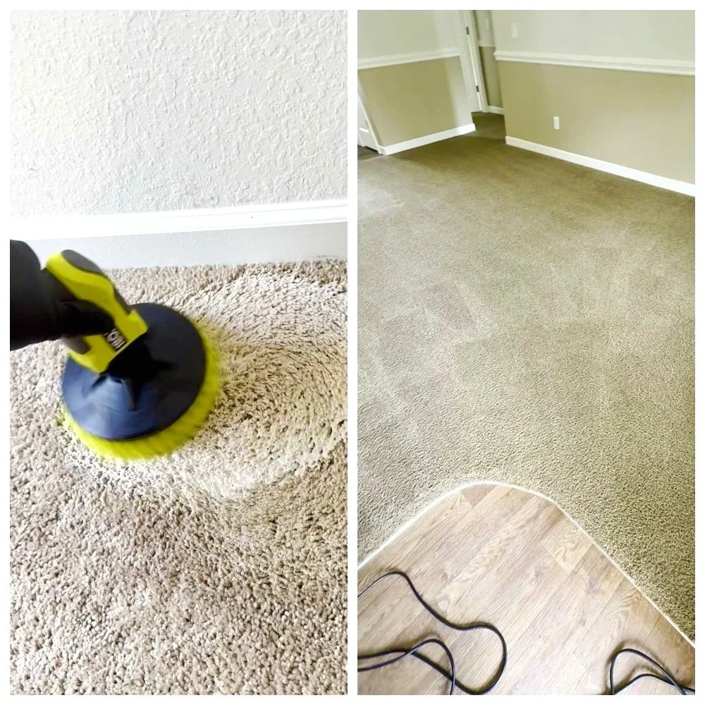 Side-by-side comparison of a carpet being cleaned with a handheld cleaning device on the left and a cleaned carpet in a room on the right.