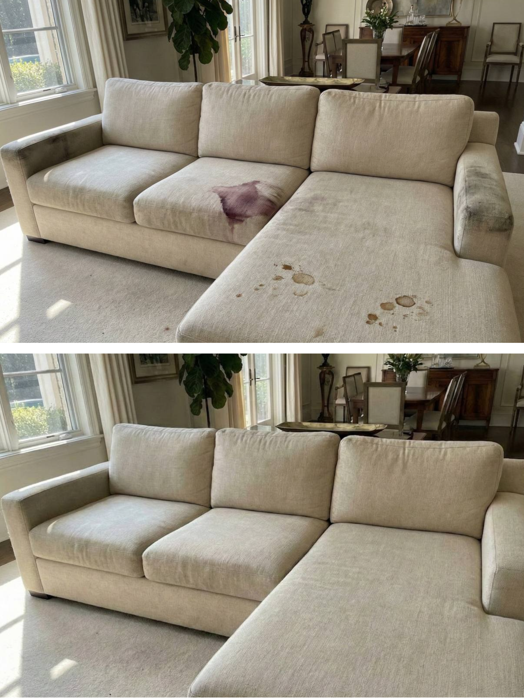 Comparison of a light-colored sectional sofa before and after cleaning, showing removal of stains and dirt.