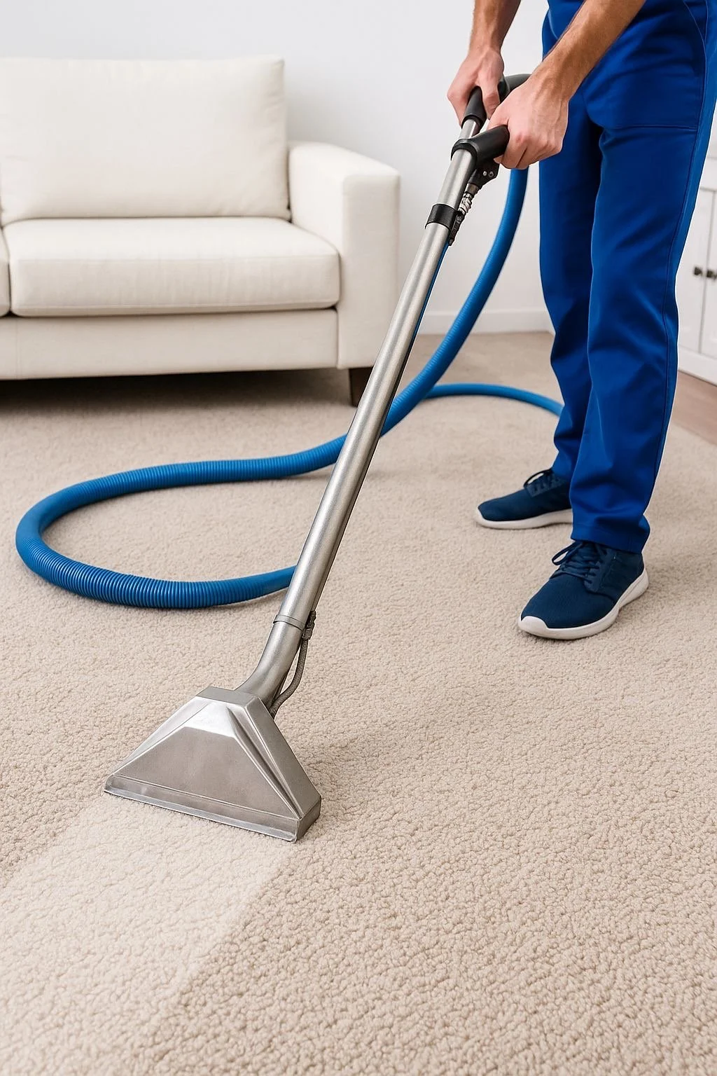 Person cleaning beige carpet with a professional carpet cleaner using a vacuum in a living room with a white sofa.