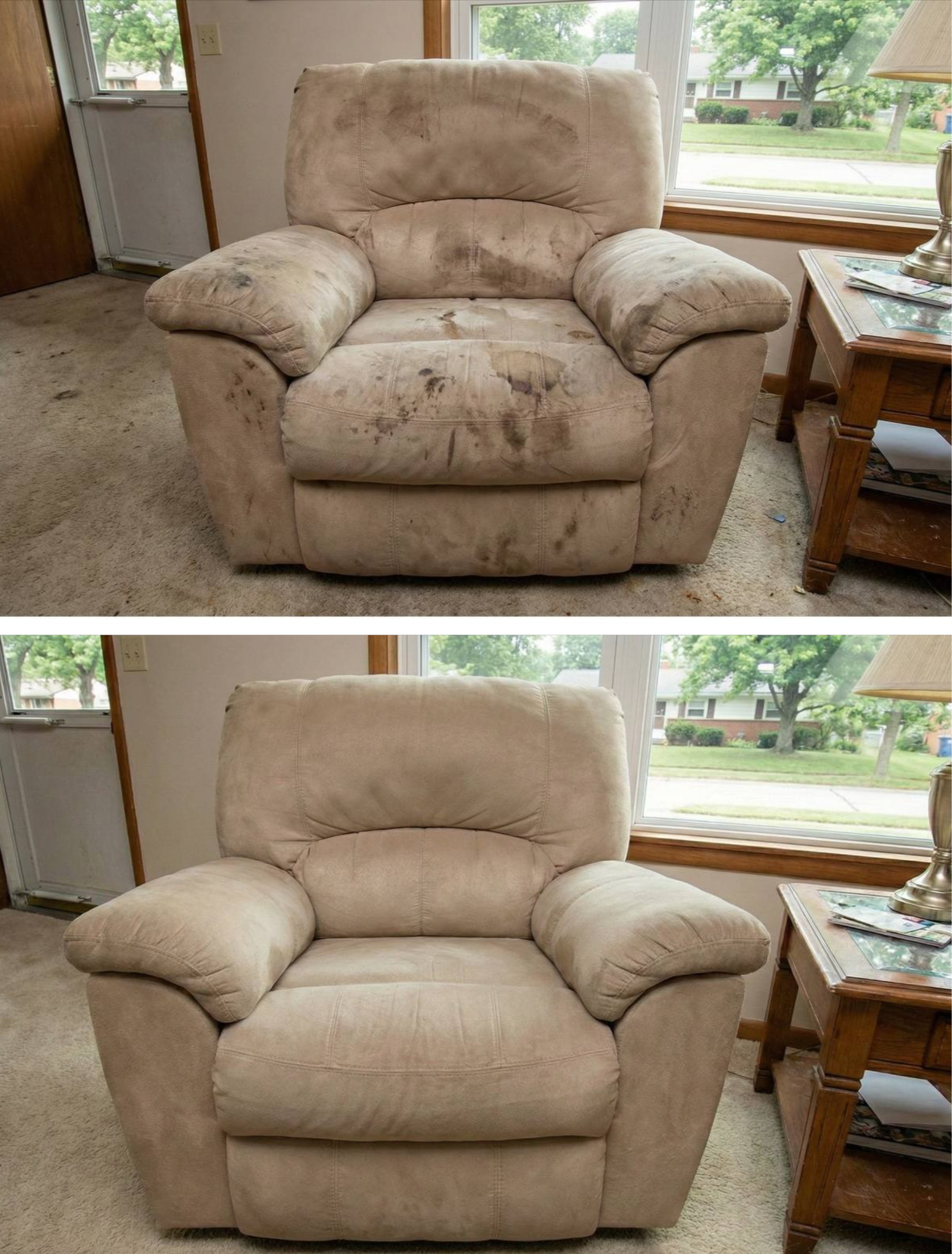 Before and after photos of a beige armchair, showing a cleaned and restored version of the same chair.