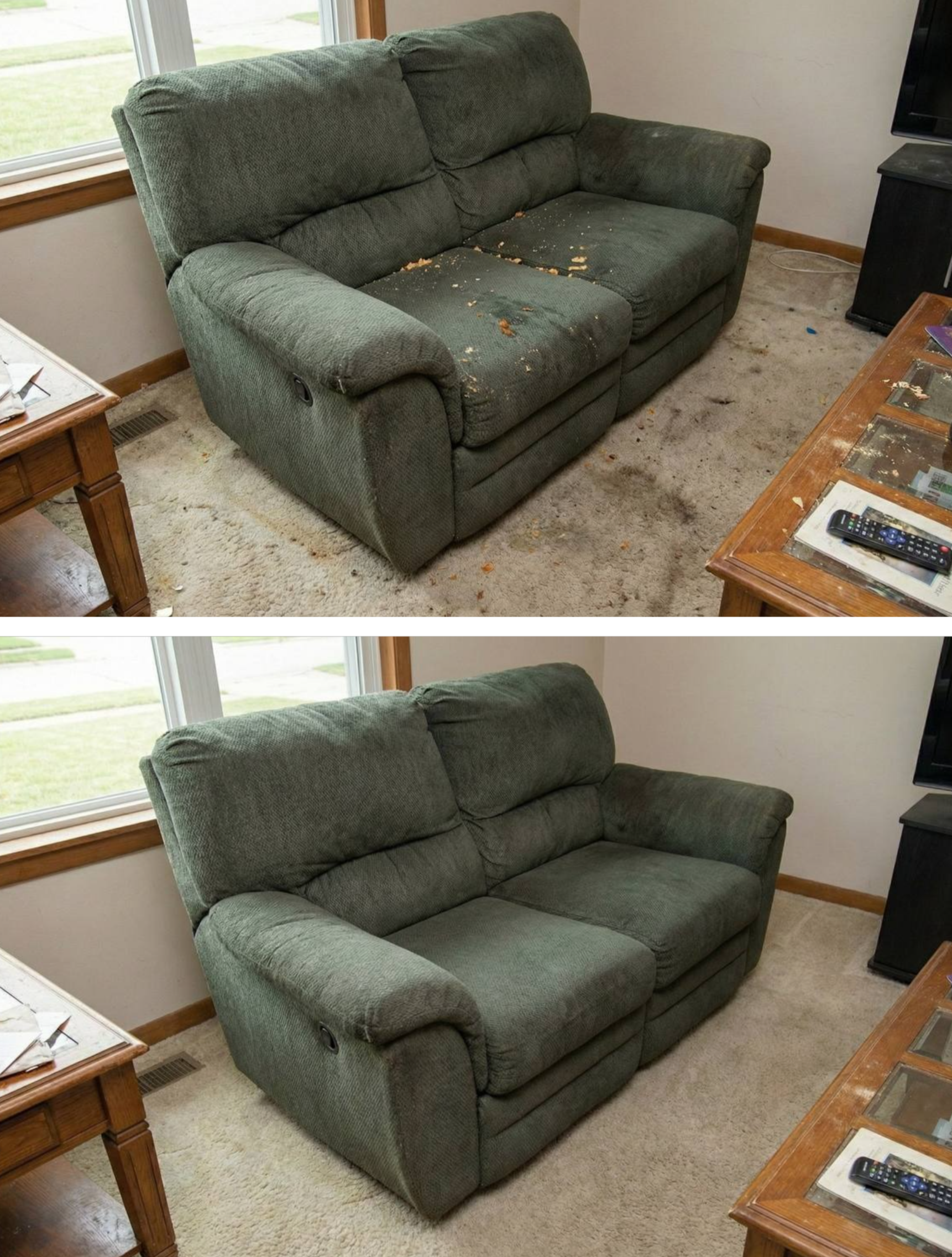Comparison of two images of the same green sofa: the top image shows the sofa dirty with food crumbs and stains, while the bottom image shows the sofa clean and vacuumed.