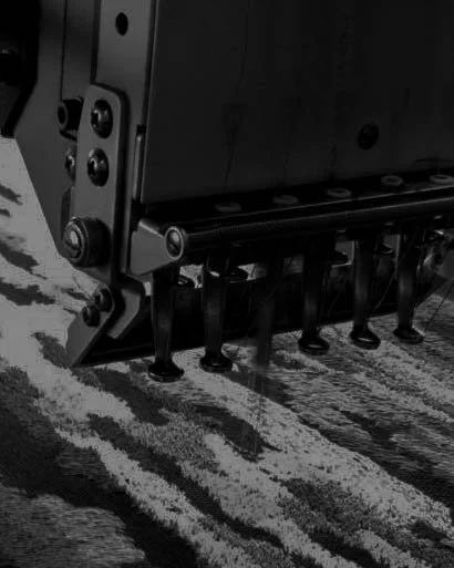 Close-up of a commercial vacuum cleaner head with multiple brushes cleaning a carpet, with carpet fibers visible.