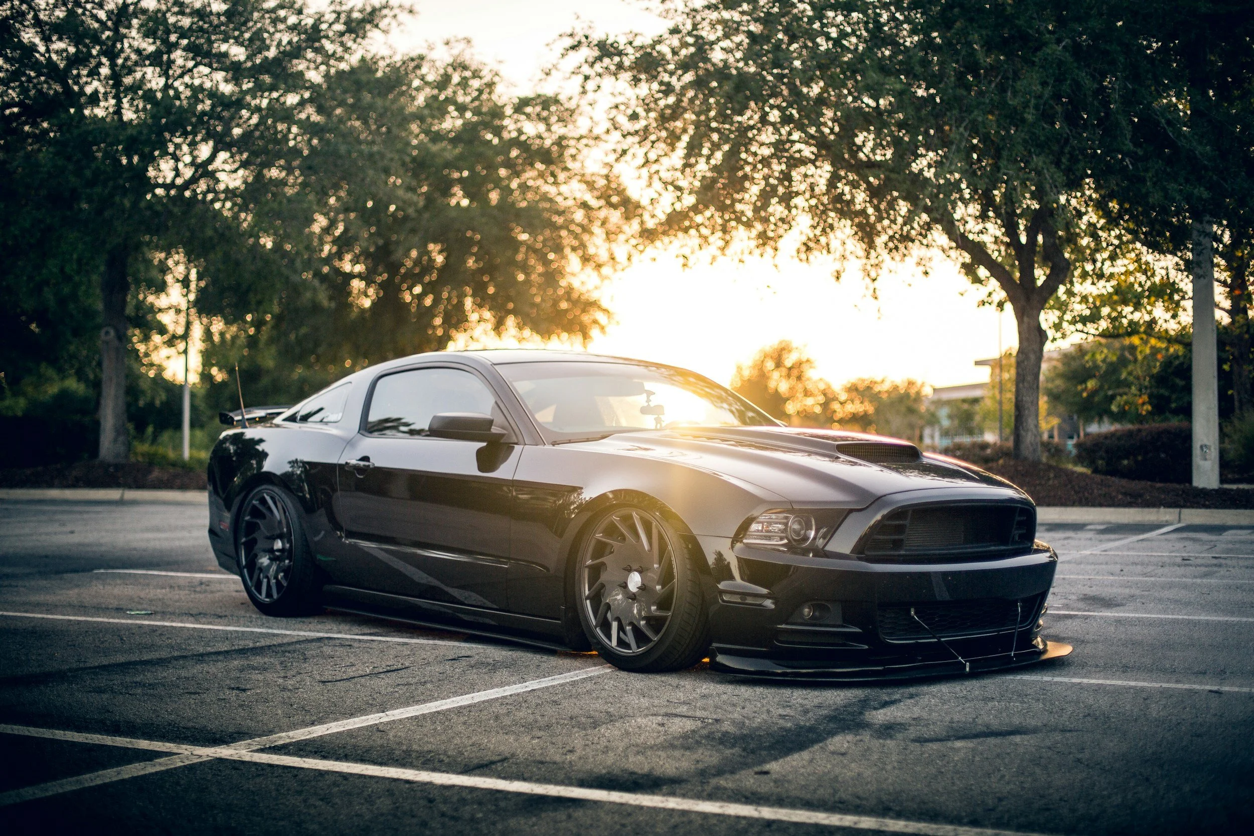 Black sports car parked in an empty parking lot at sunset, with trees in the background.