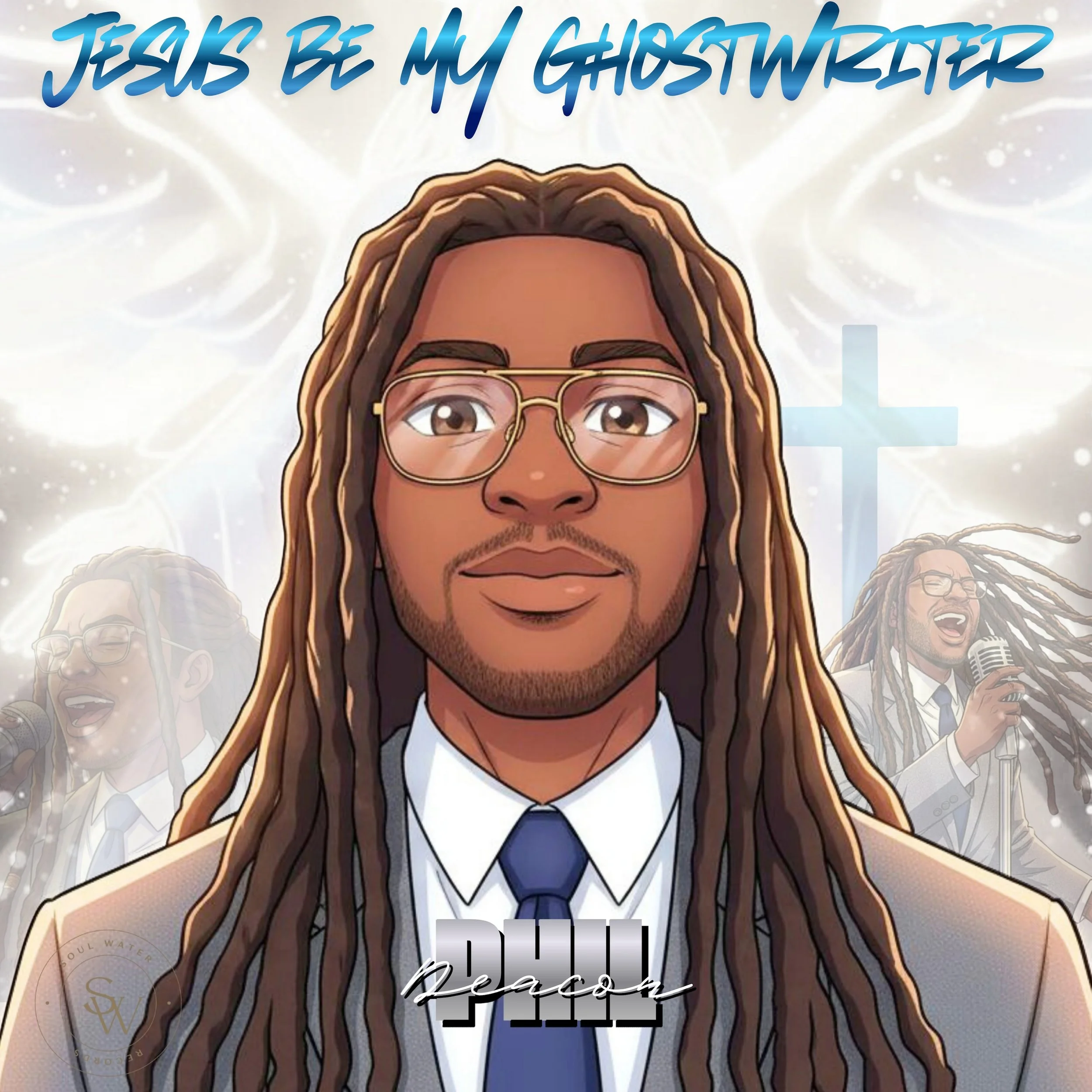 Animated illustration of a man with long dreadlocks, glasses, and a suit, singing into a microphone, with the phrase 'JESUS BE MY GHOSTWRITER' at the top and 'Deacon Phil' at the bottom.