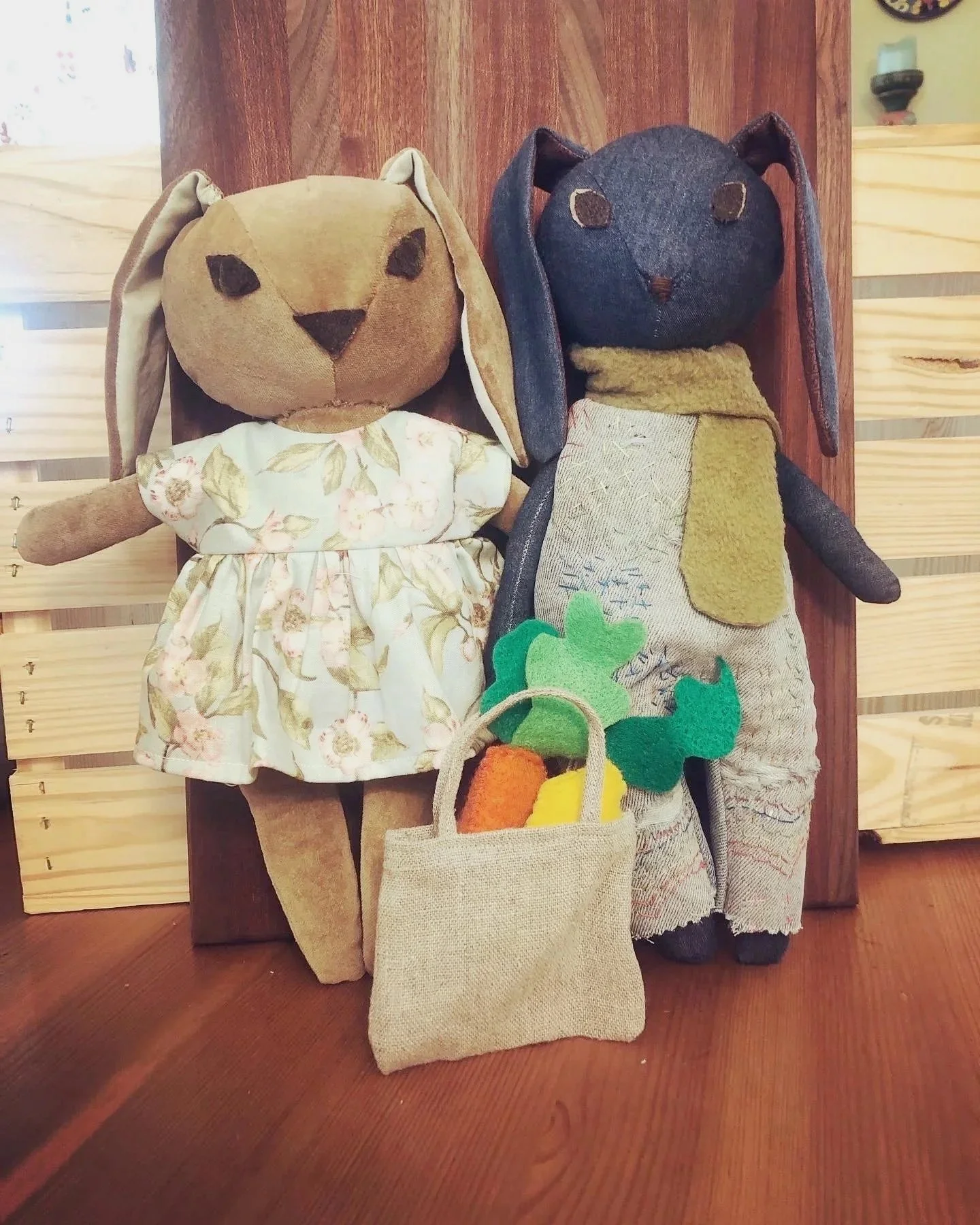 One bunny was clothed with a fat quarter and the other from a well loved pair of my old jeans.