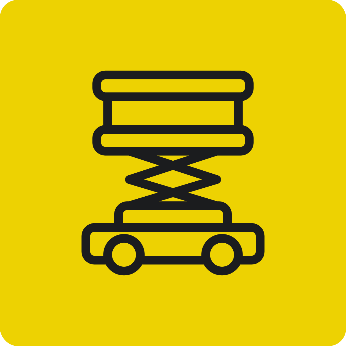 A yellow background with a black outline of a construction lift or cherry picker