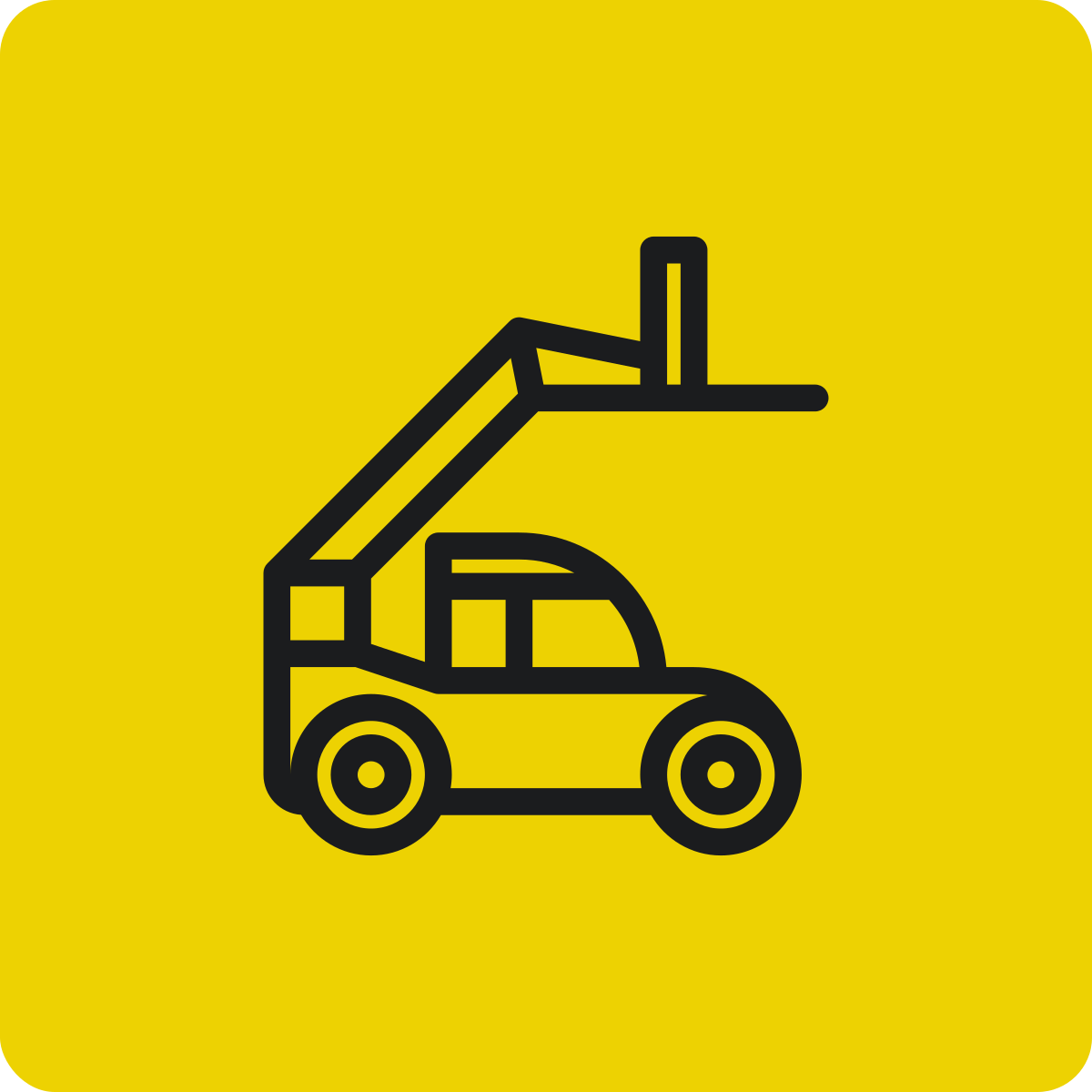 A black line drawing of a cherry picker on a yellow background.