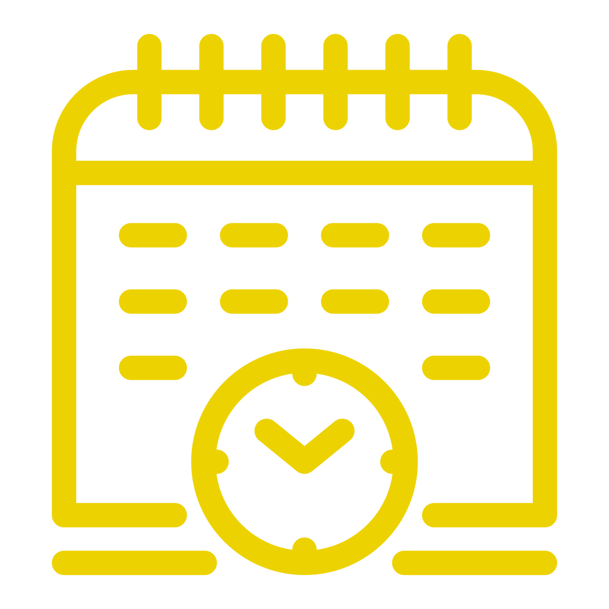 Yellow icon of a calendar with a clock at the bottom center.