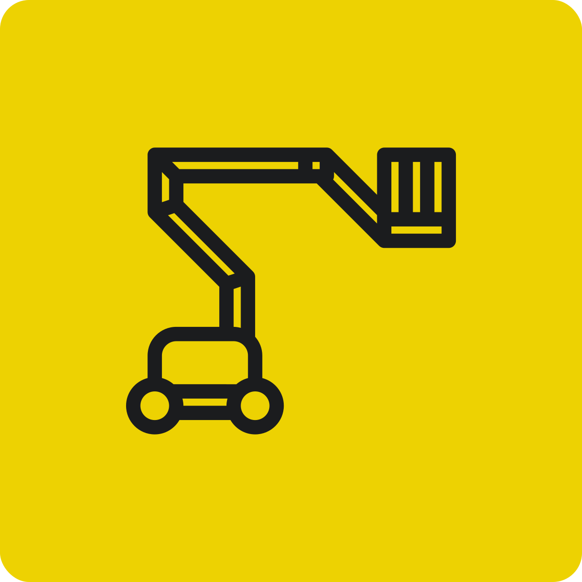 Icon of a black construction or industrial lift on a yellow background.