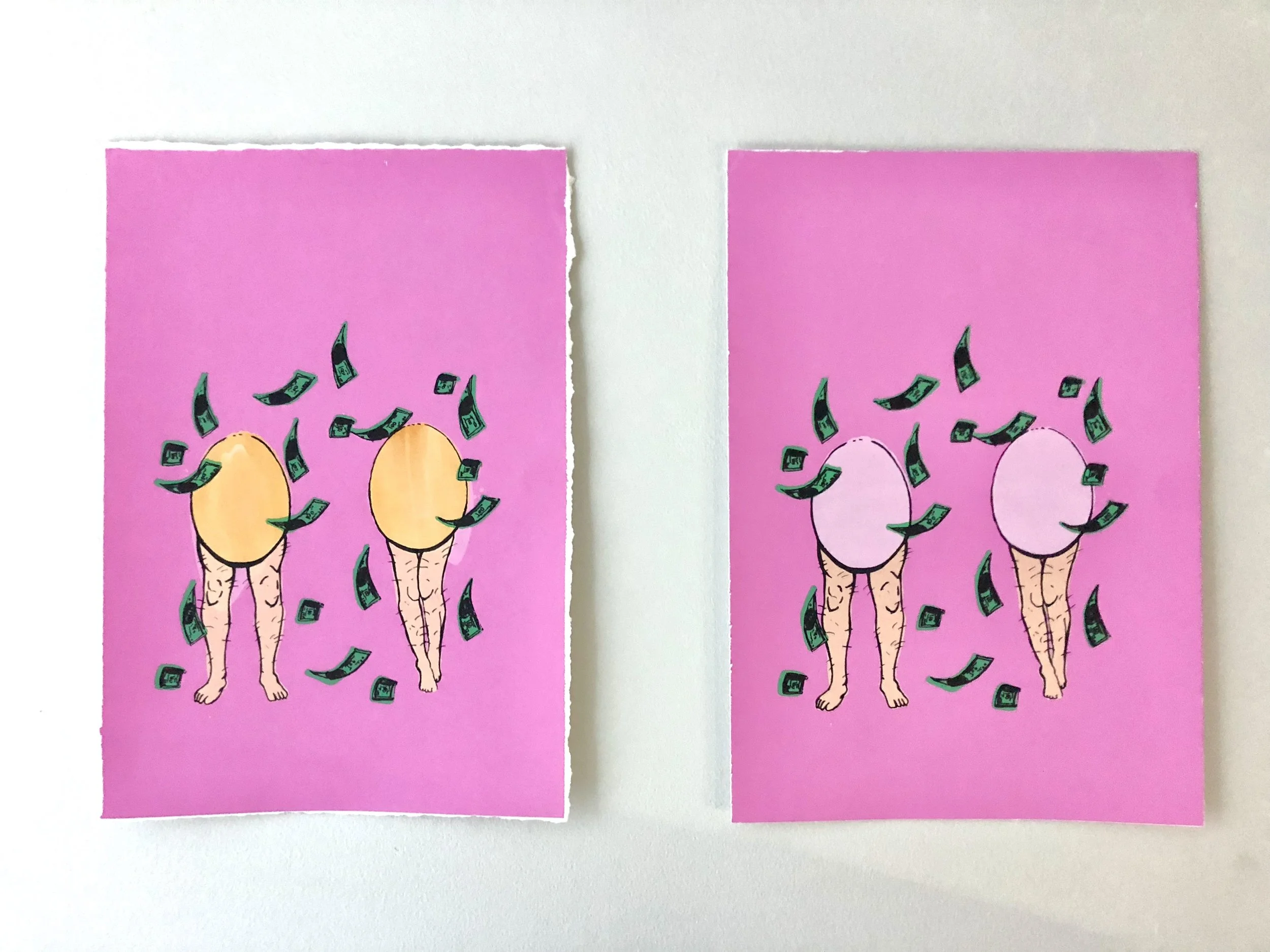 Two pink cards with hand-drawn illustrations of legs with peach and pink heads, surrounded by flying dollar bills.
