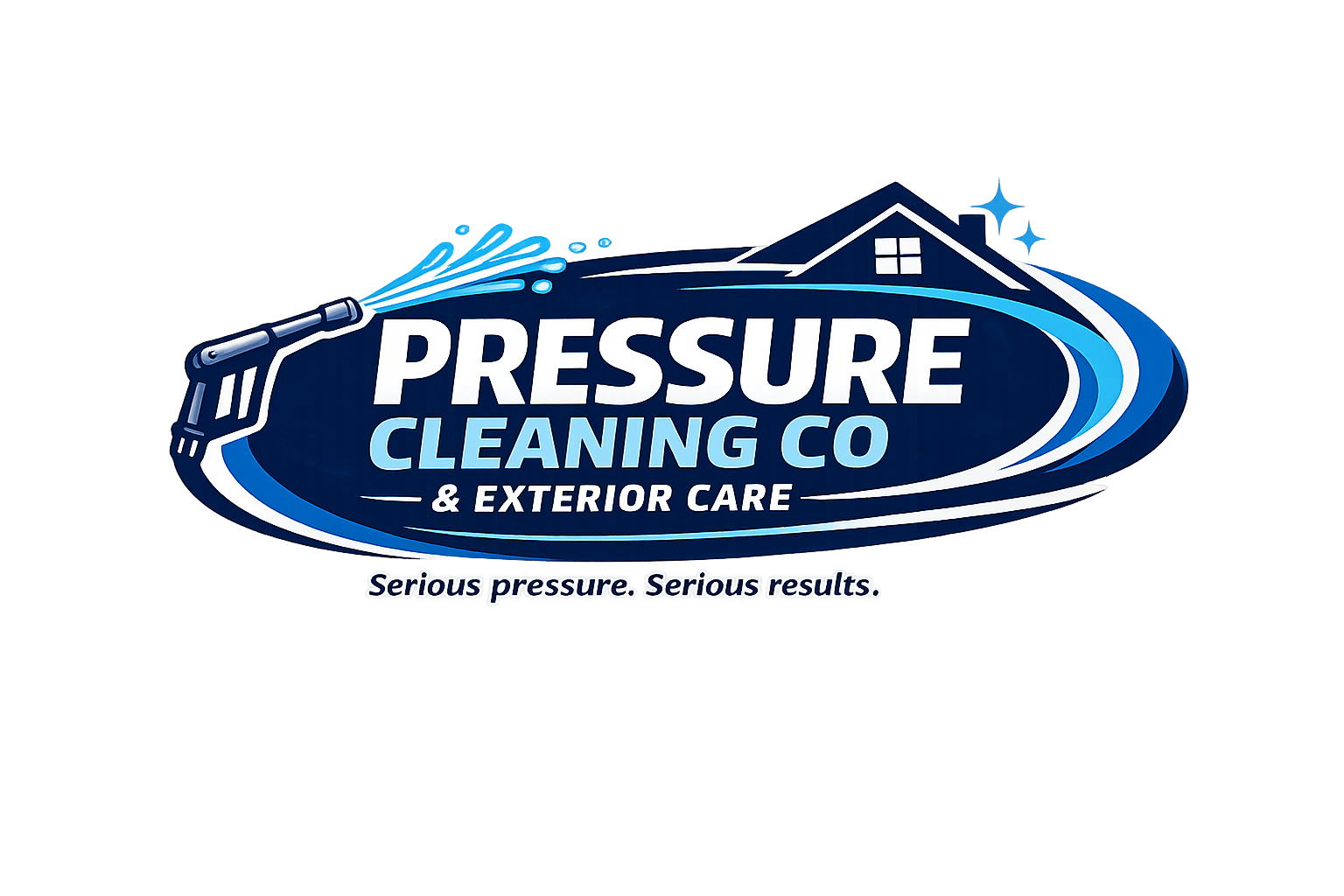 Neon sign for Pressure Cleaning Co with a house and water spray graphic, tagline 'Serious pressure. Serious results.'