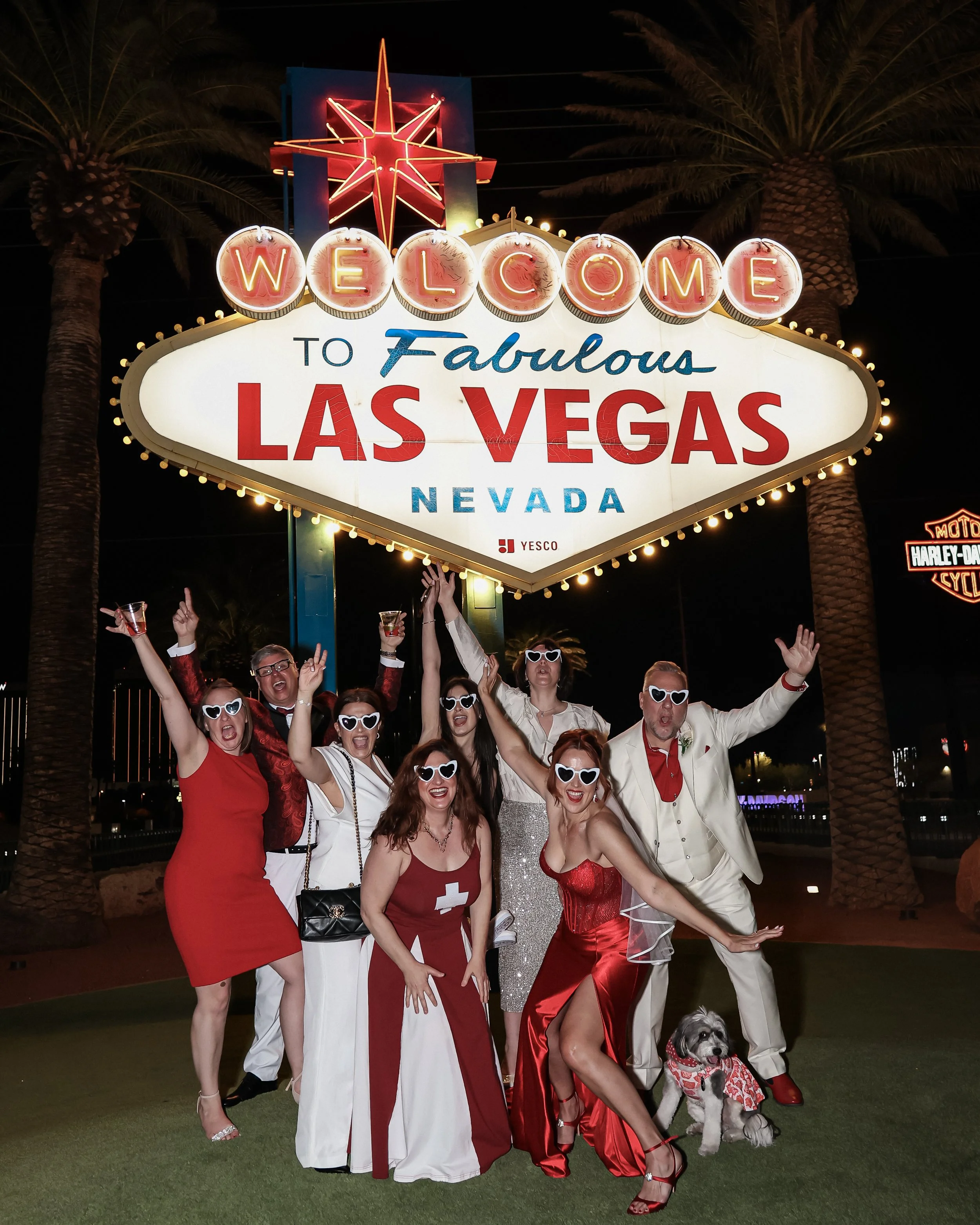 A group of people dressed in festive, retro-style clothes and heart-shaped sunglasses, celebrating in front of the 'Welcome to Fabulous Las Vegas Nevada' sign at night, with palm trees in the background and a dog among them.