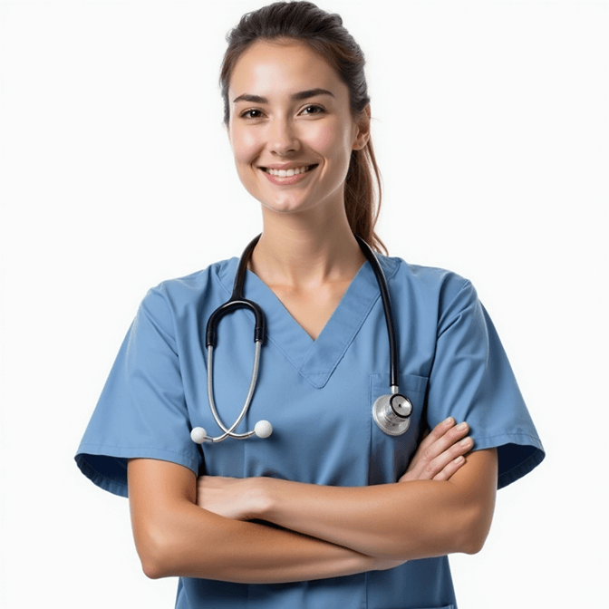 Young female healthcare professional wearing blue scrubs and stethoscope smiling with arms crossed on a white background.