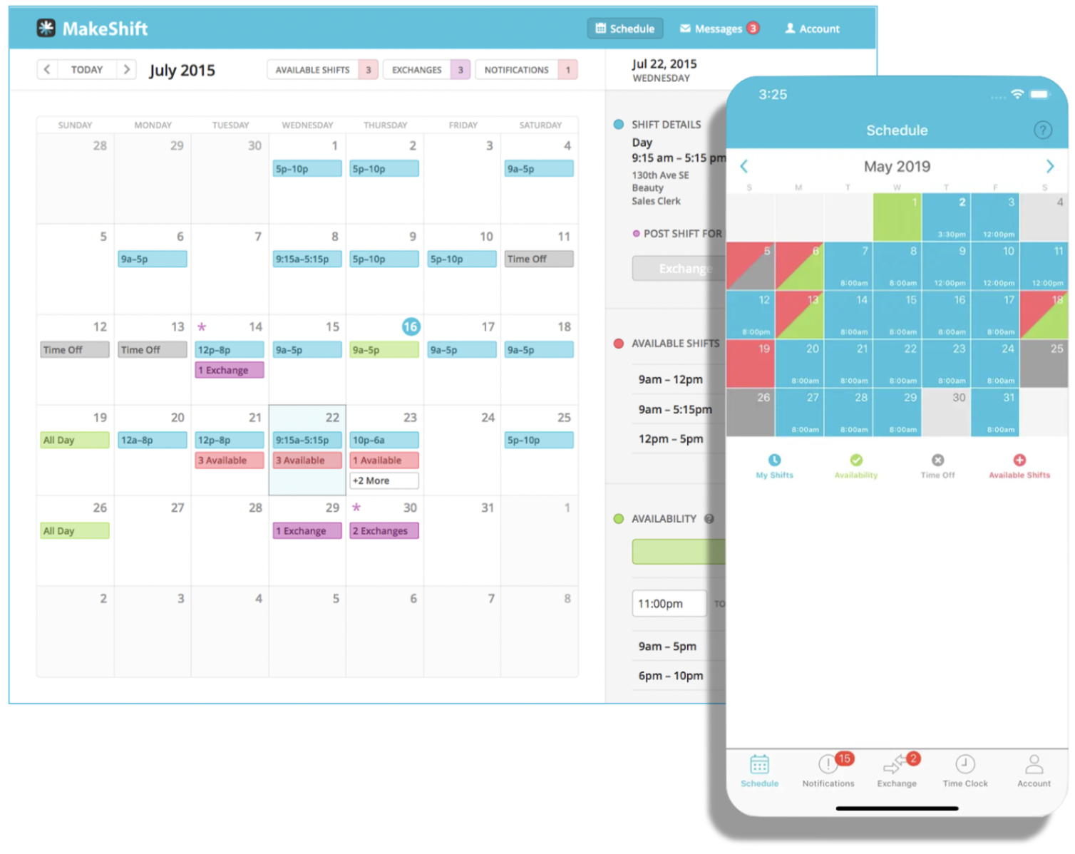 Screenshots of a shift scheduling app showing calendar views for July 2015 and May 2019 with various shift times, availability, and exchange notifications.