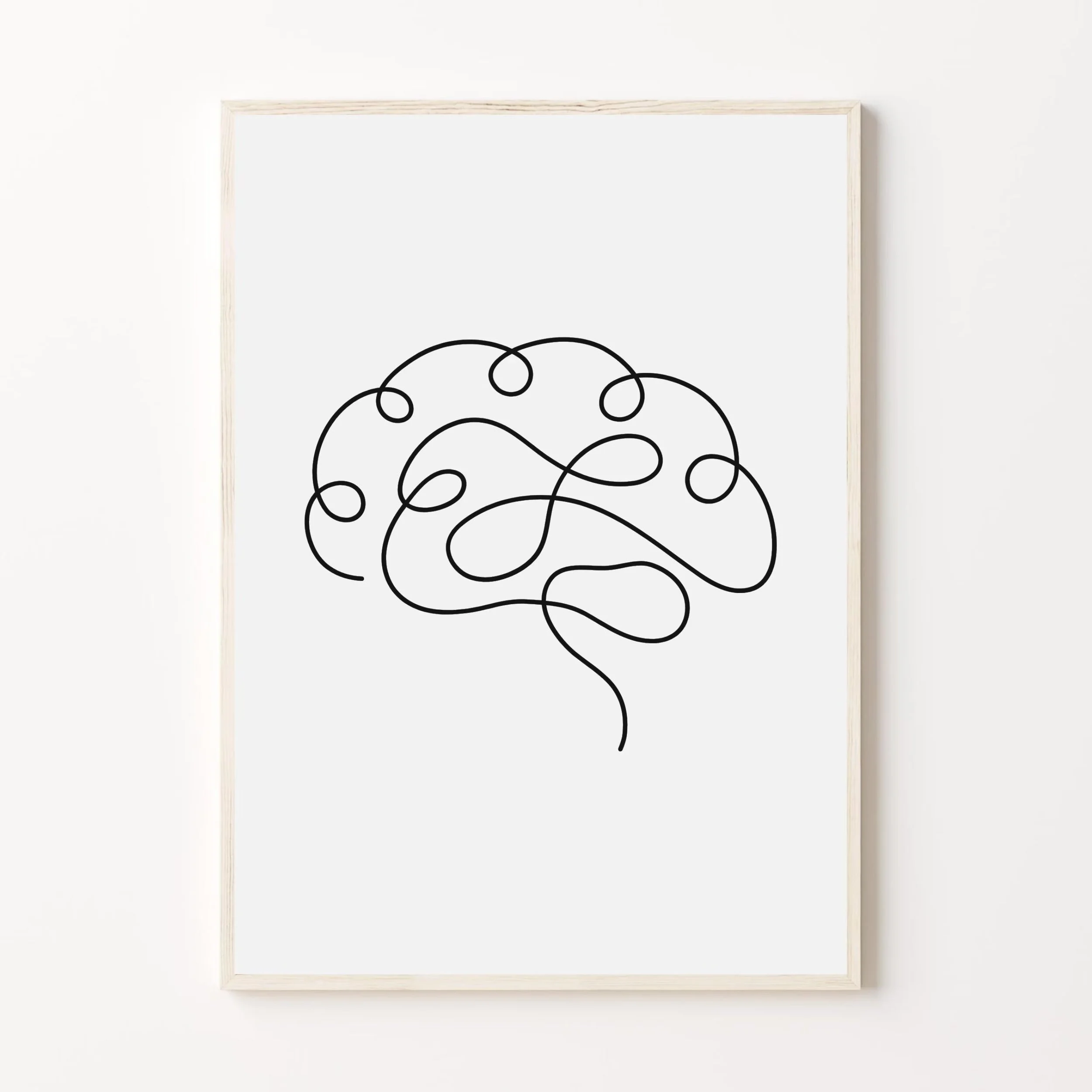 Minimalist art print of a continuous black line drawing resembling a brain, framed on a white wall.