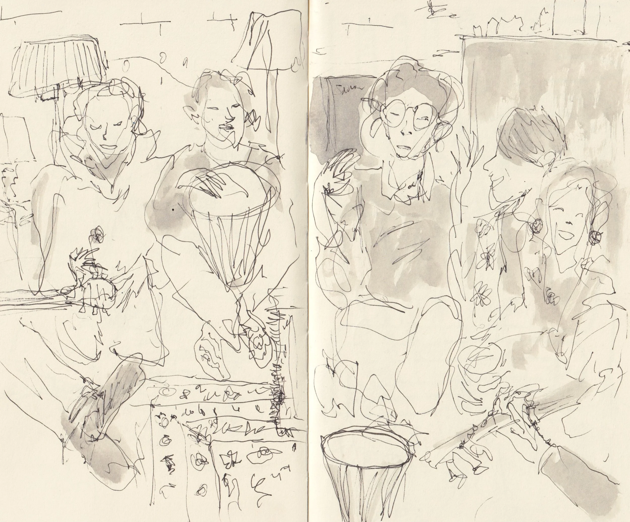 Sketch of multiple people sitting around a table, with a lamp nearby, drawn in quick, loose lines.