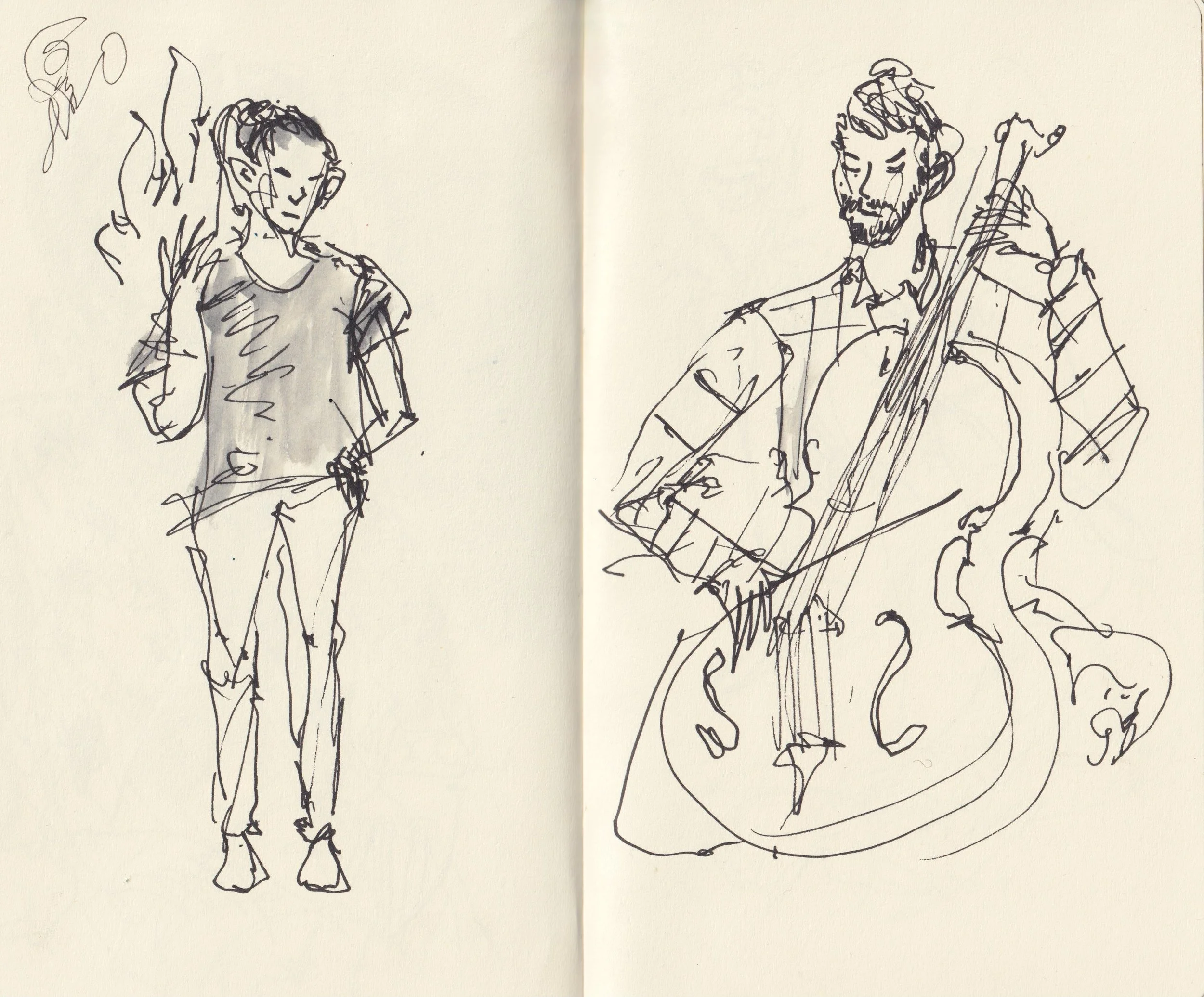 A sketch of two people, one male with a beard holding a guitar, and one female with her hand near her face, both casually dressed, drawn with loose, expressive lines on paper.