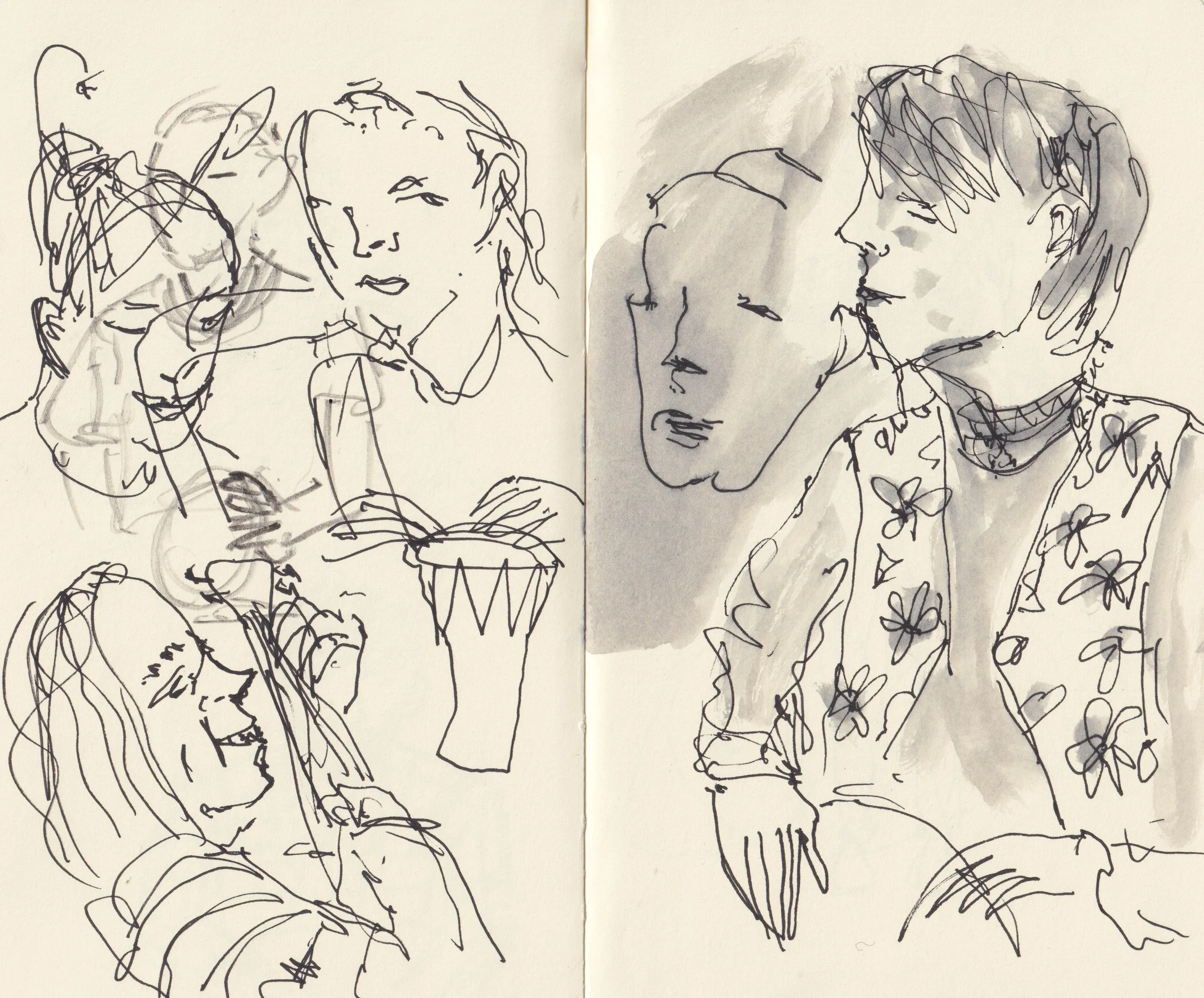 Line drawing sketch of two people, a woman on the left and a man on the right, engaged in conversation. The woman has long hair and the man has short hair with pins or glasses. There is shading to suggest depth.