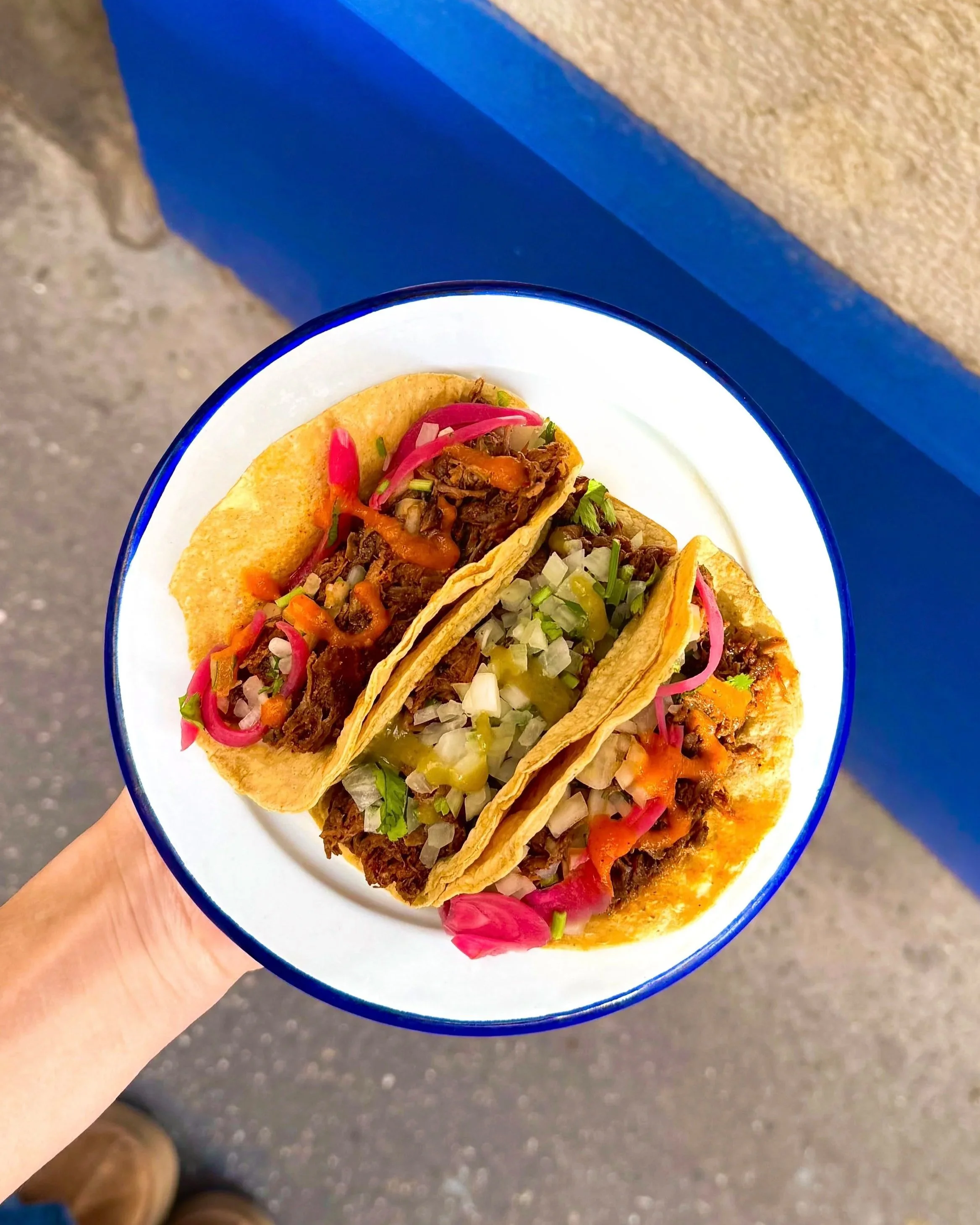 Trois tacos avec viande, oignons, coriandre, et pickles, servis sur une assiette.