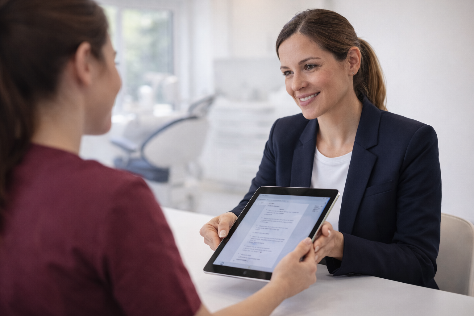 Two women are sitting at a table during a meeting, one holding a tablet showing documents to the other.