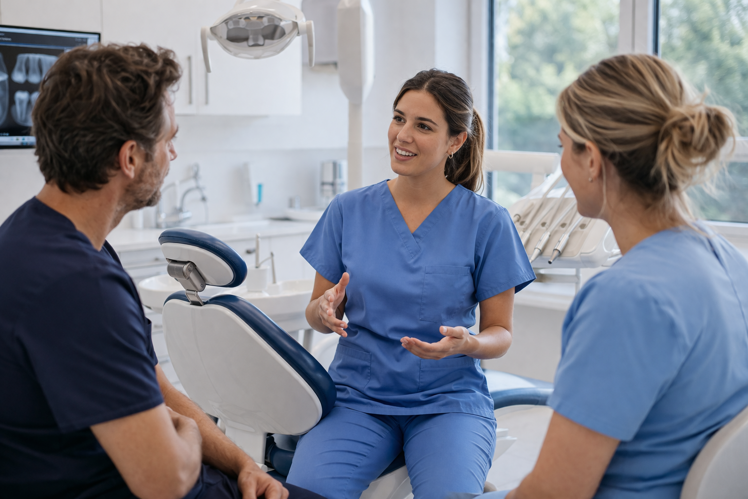 A female healthcare professional in blue scrubs sits on a stool and talks to a male patient and another female healthcare worker in blue scrubs in a dental clinic.