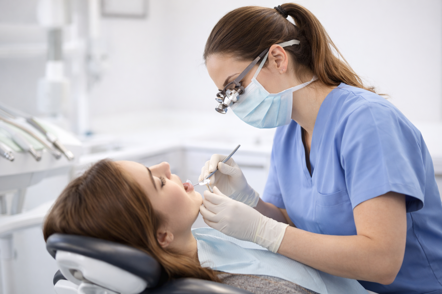 A dental hygienist in scrubs with magnifying loupes and a face mask is examining and working on a young woman's teeth in a dental office.